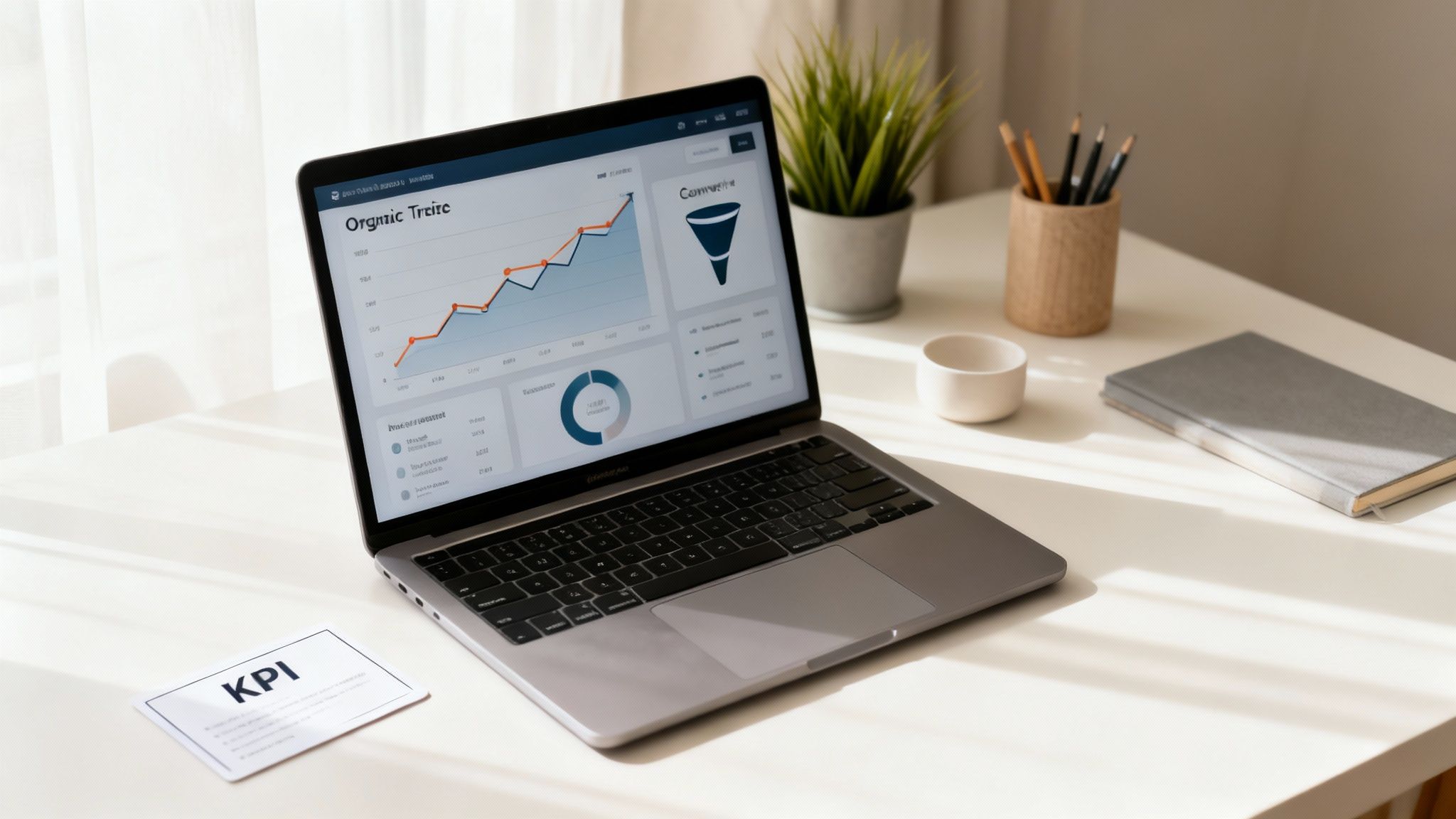A laptop displaying a dashboard with organic traffic and conversion data, alongside office supplies on a white desk.