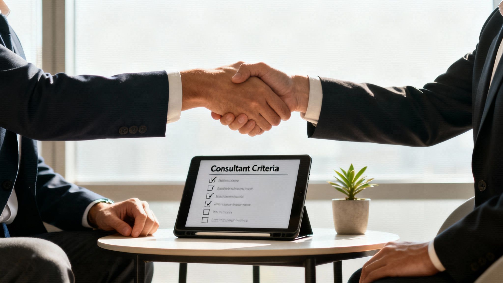 A team of professionals in a meeting, evaluating charts and data on a screen, representing the process of choosing a consulting partner.
