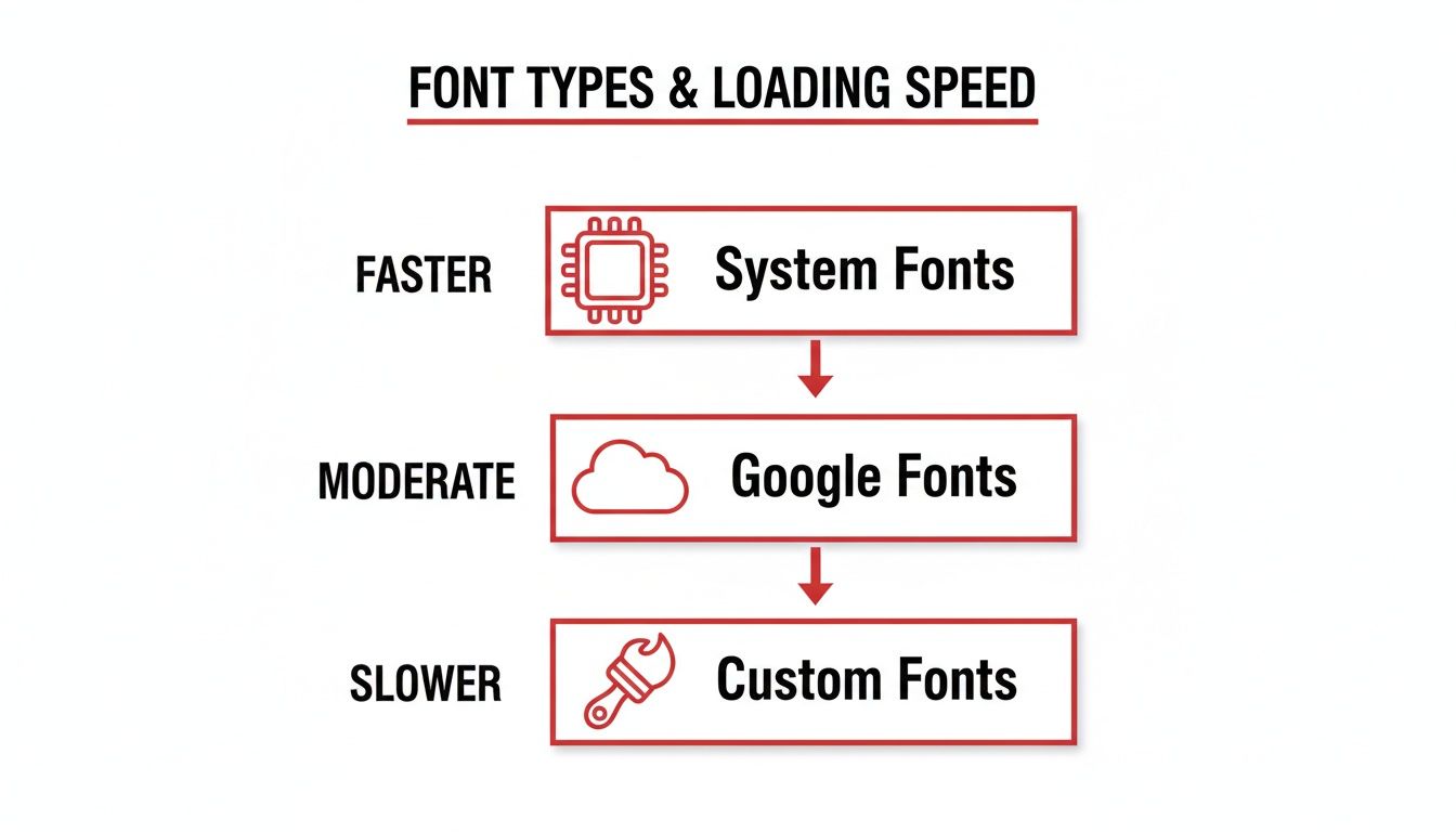 Infographic comparing font types by loading speed: System Fonts (faster), Google Fonts (moderate), Custom Fonts (slower).