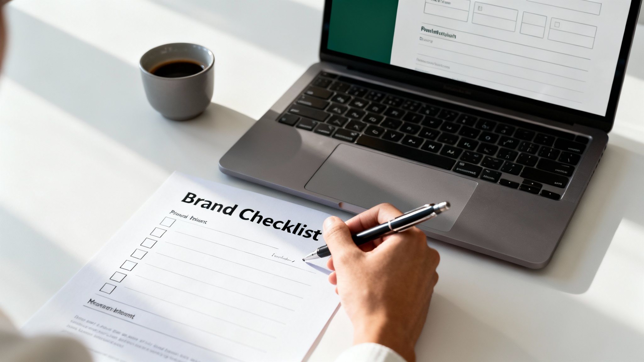 A person writing on a 'Brand Checklist' document with a pen, next to a laptop and coffee.