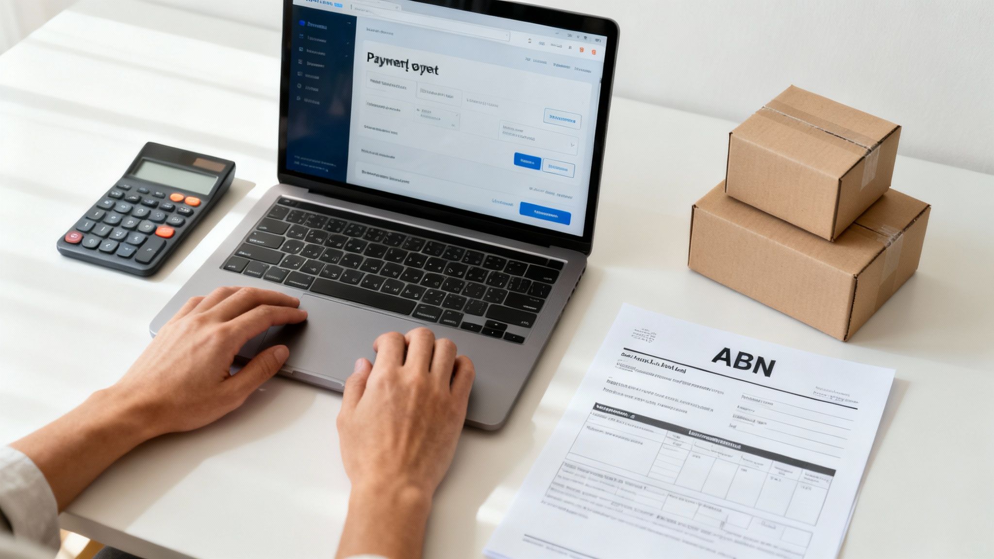 Person managing online business payments on laptop with calculator, invoices, and shipping boxes