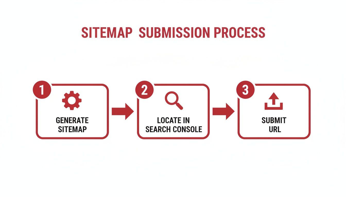 Infographic illustrating the 3-step sitemap submission process for SEO.