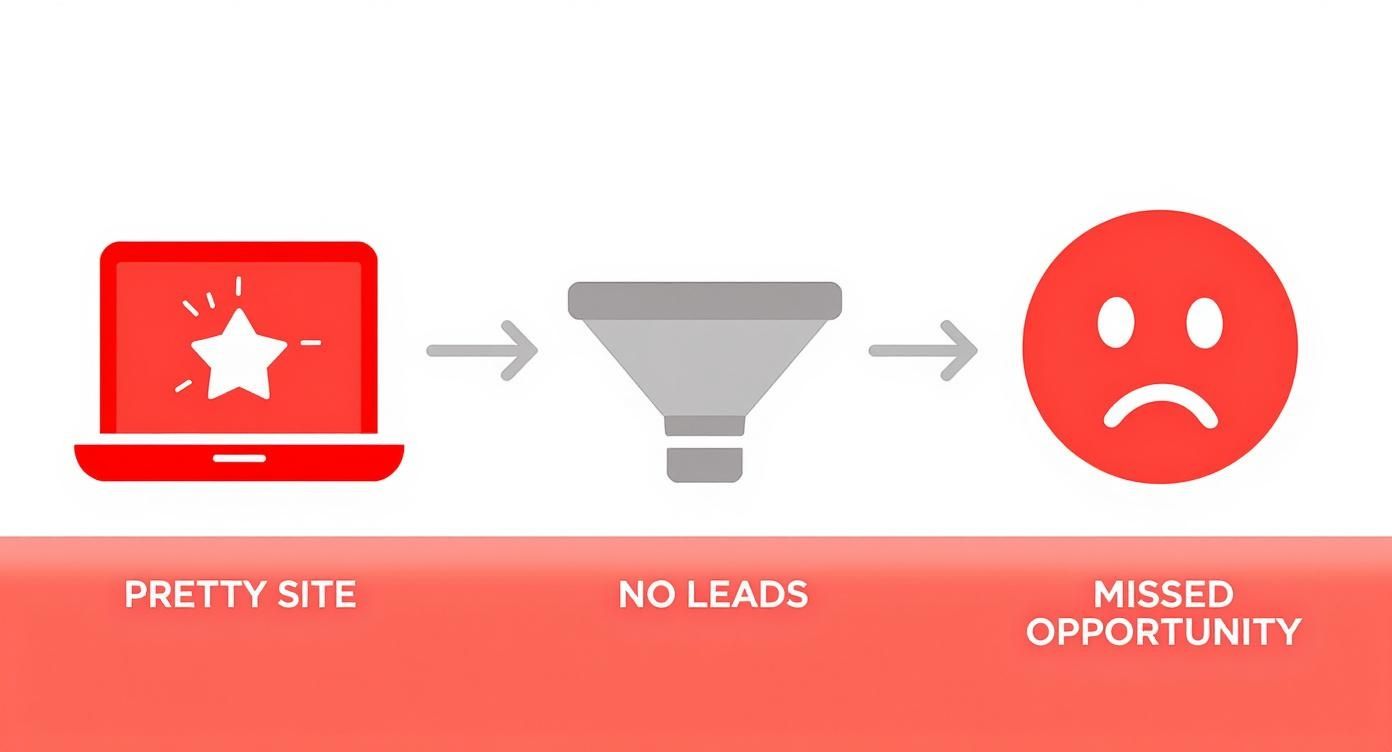Infographic showing how a pretty website without a strategy leads to no leads and missed opportunities for realtors.