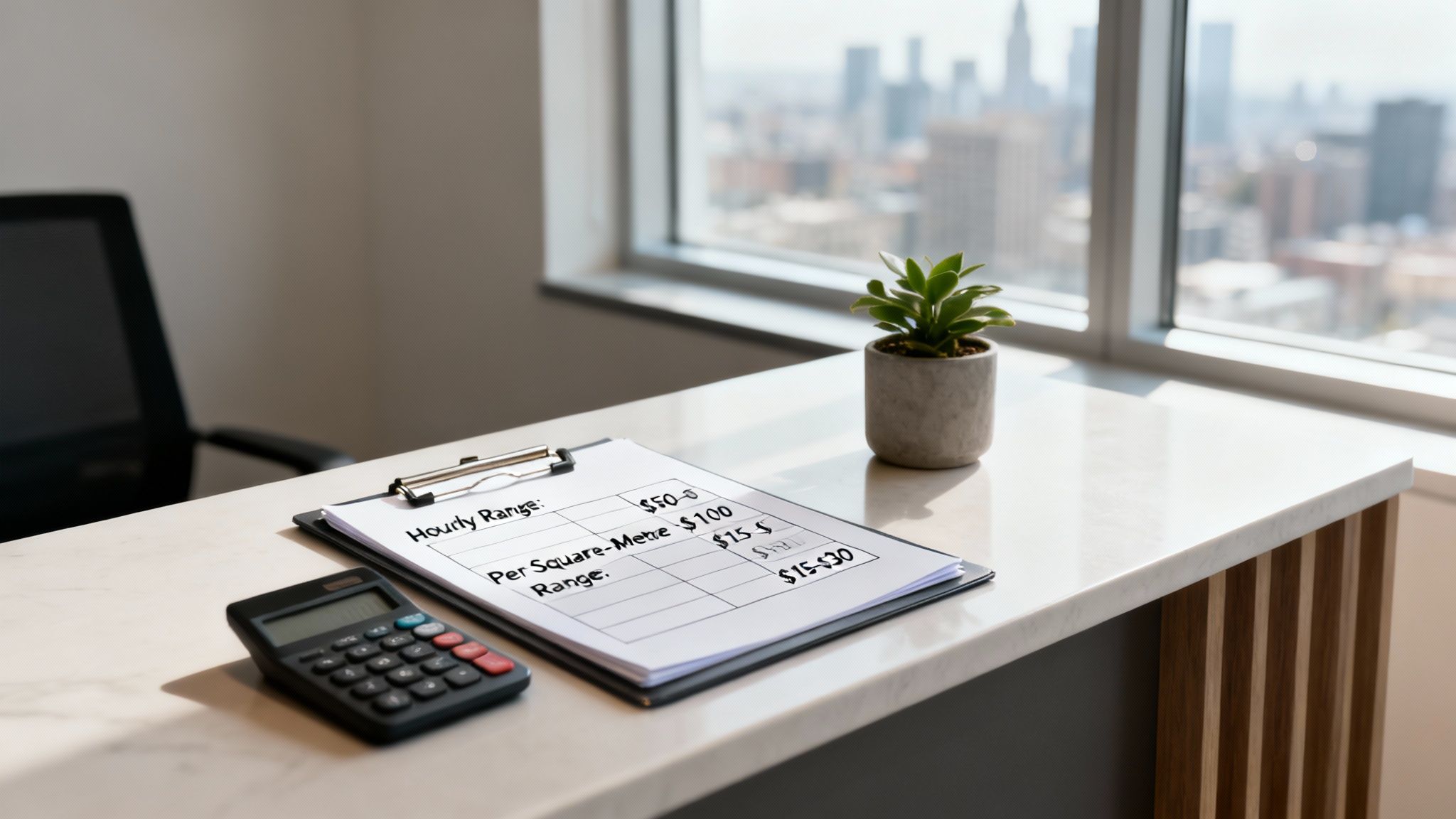 Three cleaning staff members in uniform smiling and standing in a modern office.