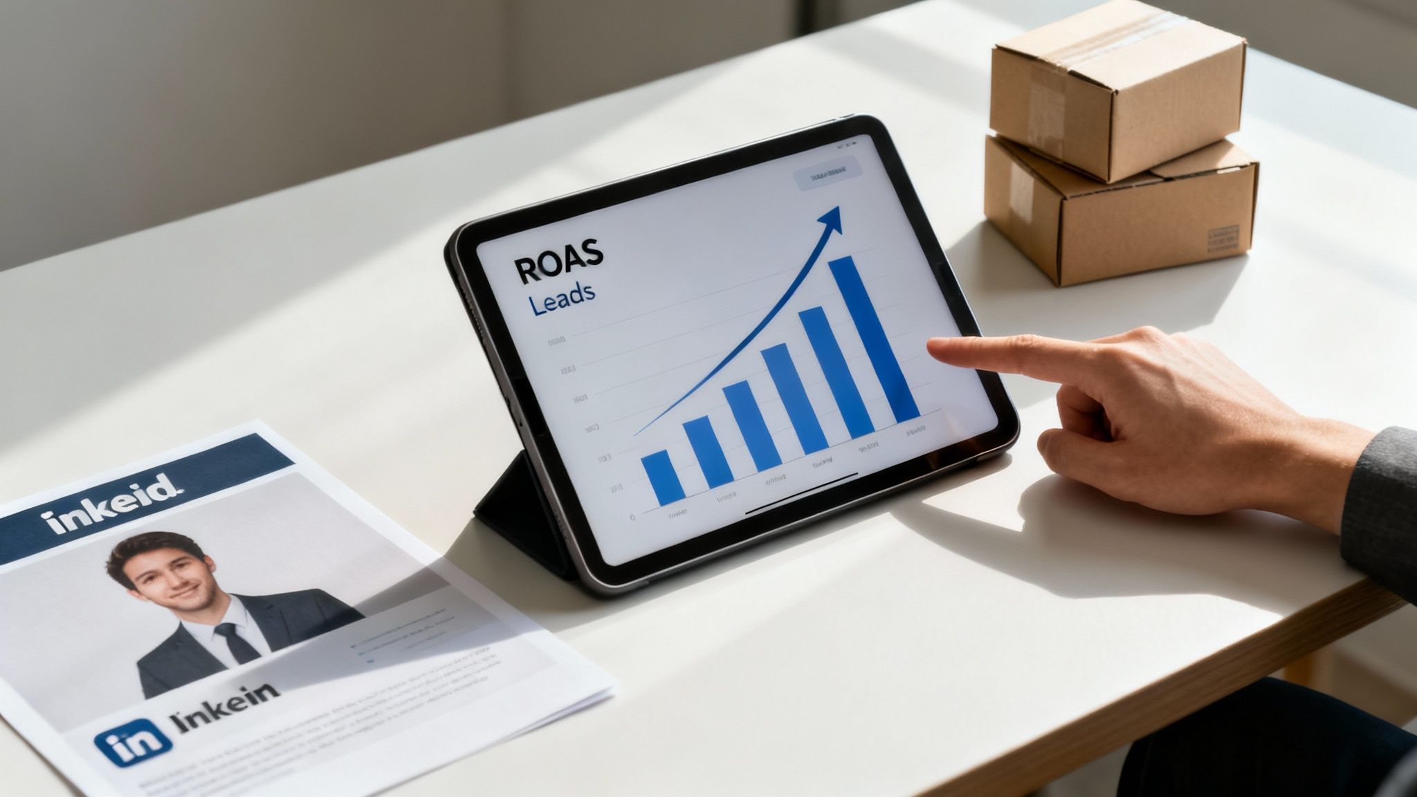 A hand interacts with a tablet showing ROAS Leads growth, next to a social network profile.