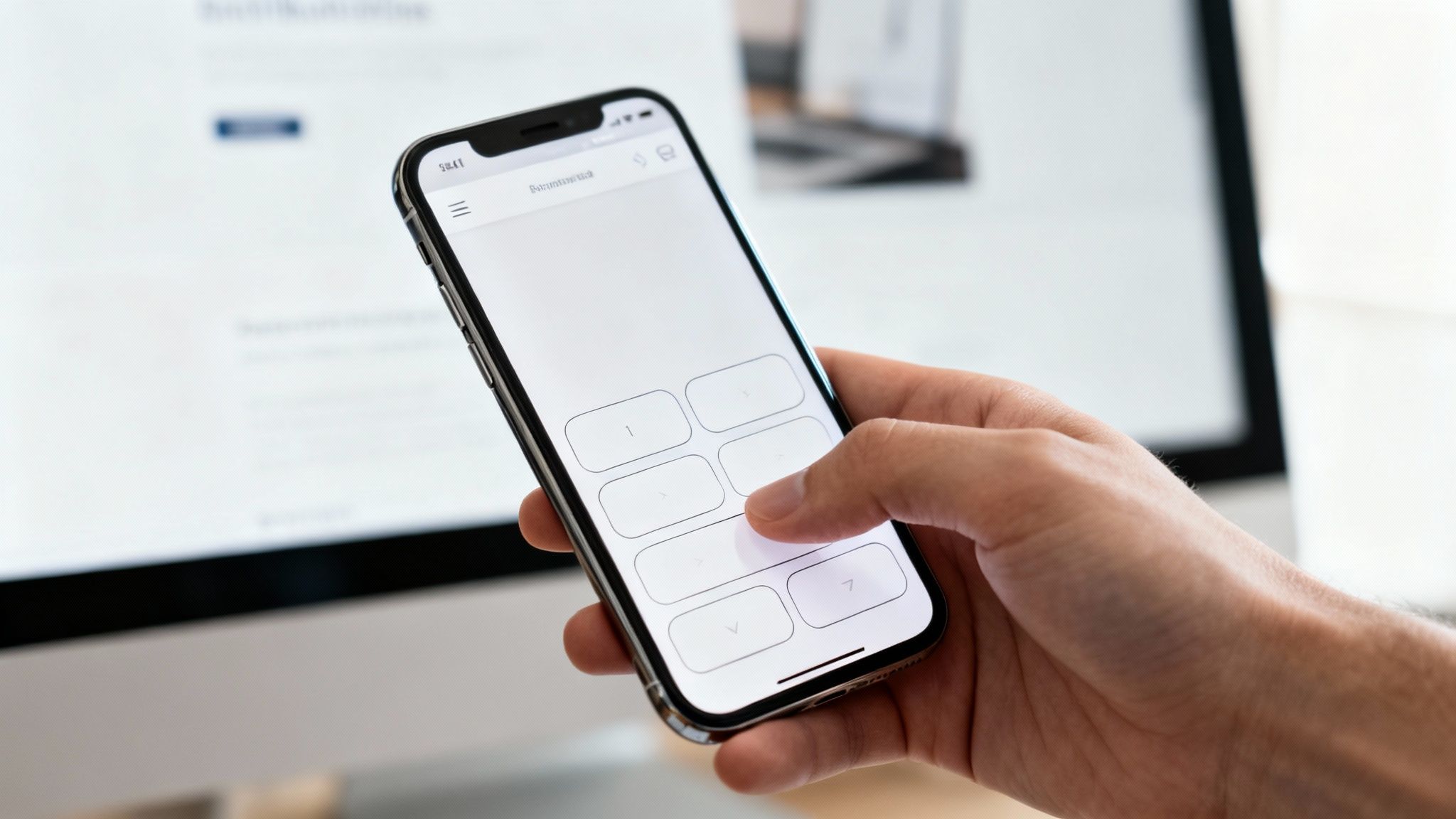 Hand holding an iPhone displaying a clean user interface with white buttons, near a blurred computer monitor.