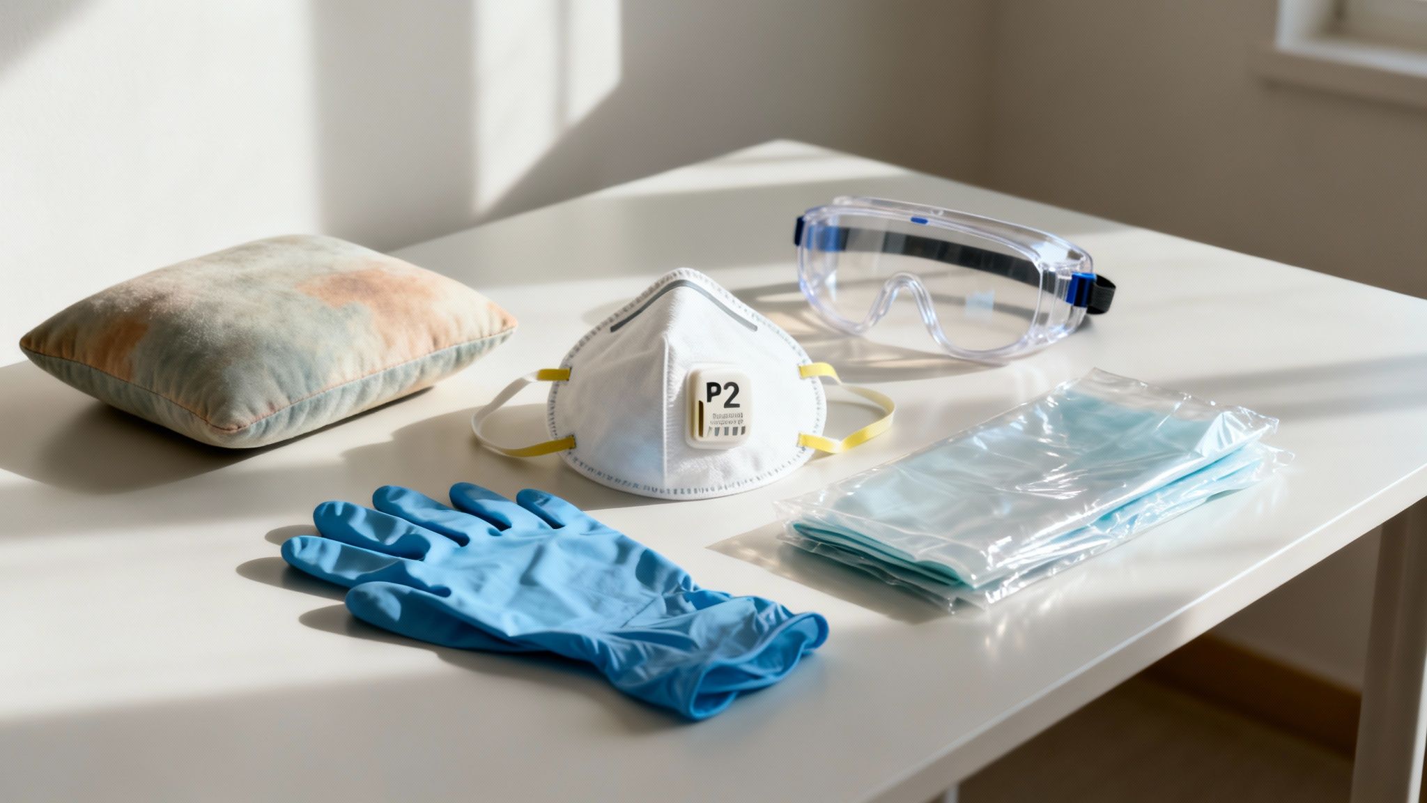Personal protective equipment, including a P2 mask, goggles, gloves, and a moldy cushion on a table.