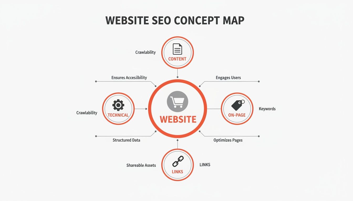 A concept map illustrating website SEO components: content, on-page, links, and technical aspects.