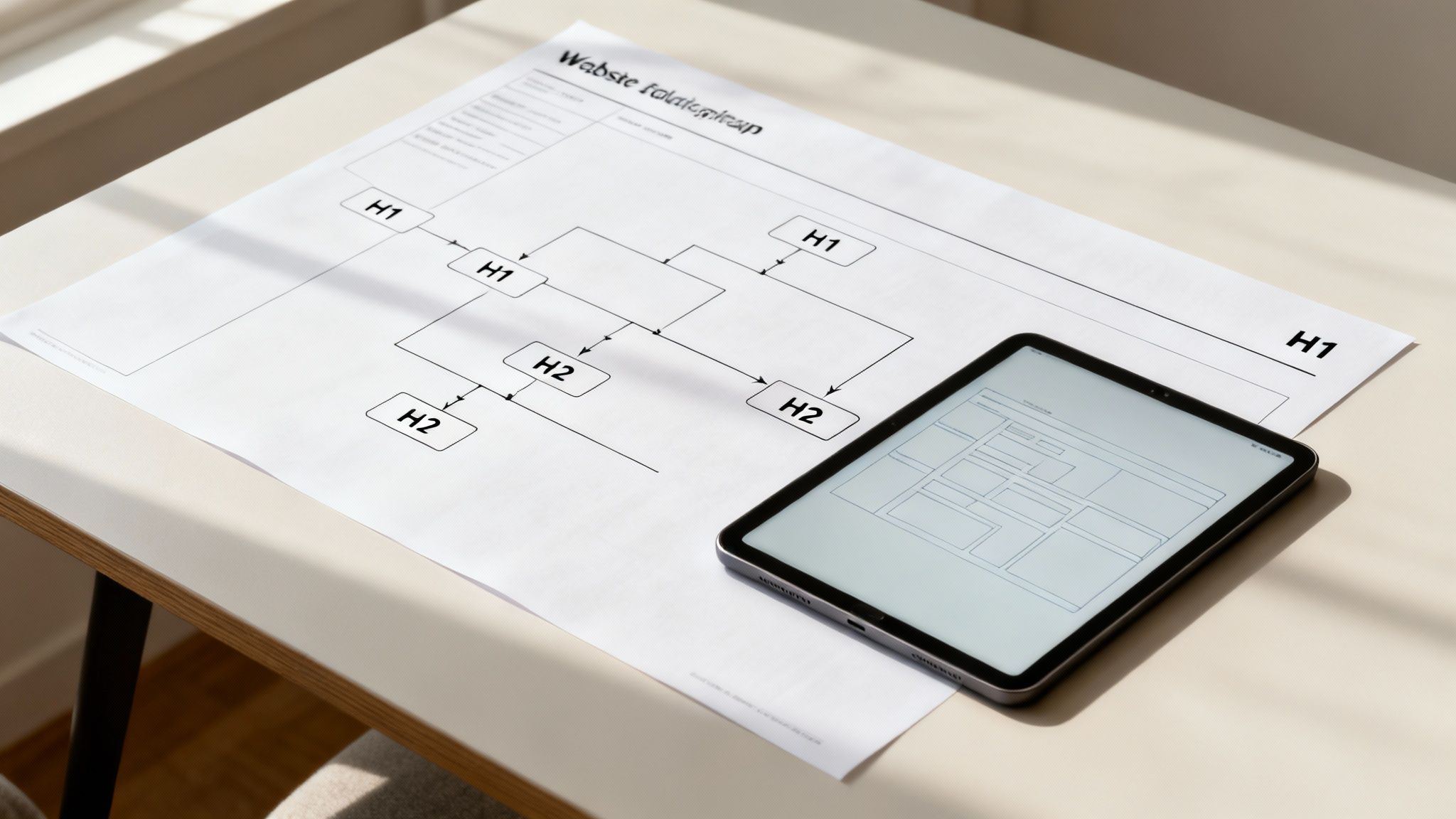 A website sitemap flowchart on paper next to a tablet showing a website wireframe layout.