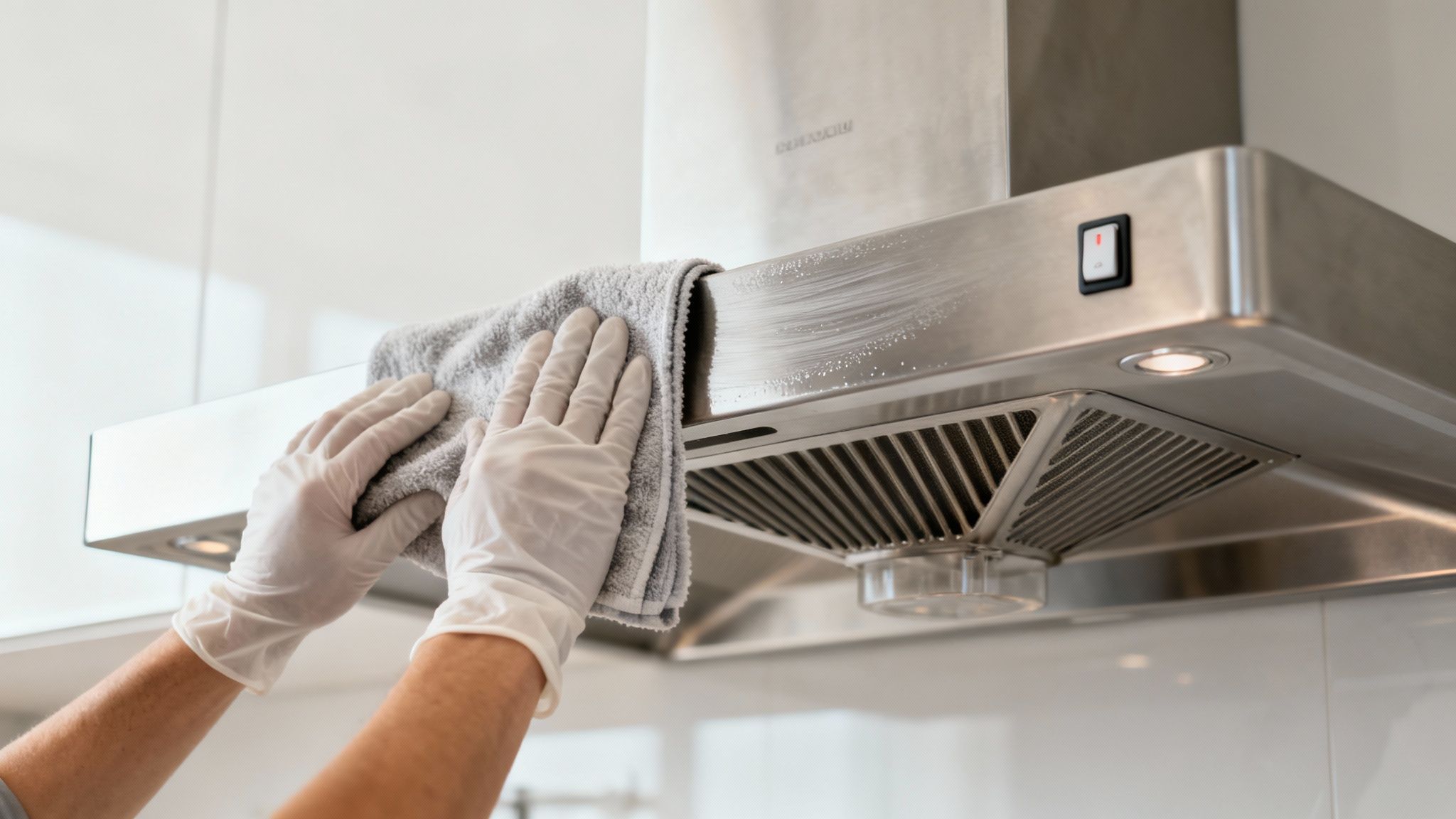 Person wearing white gloves cleaning stainless steel rangehood with gray microfiber cloth in modern kitchen
