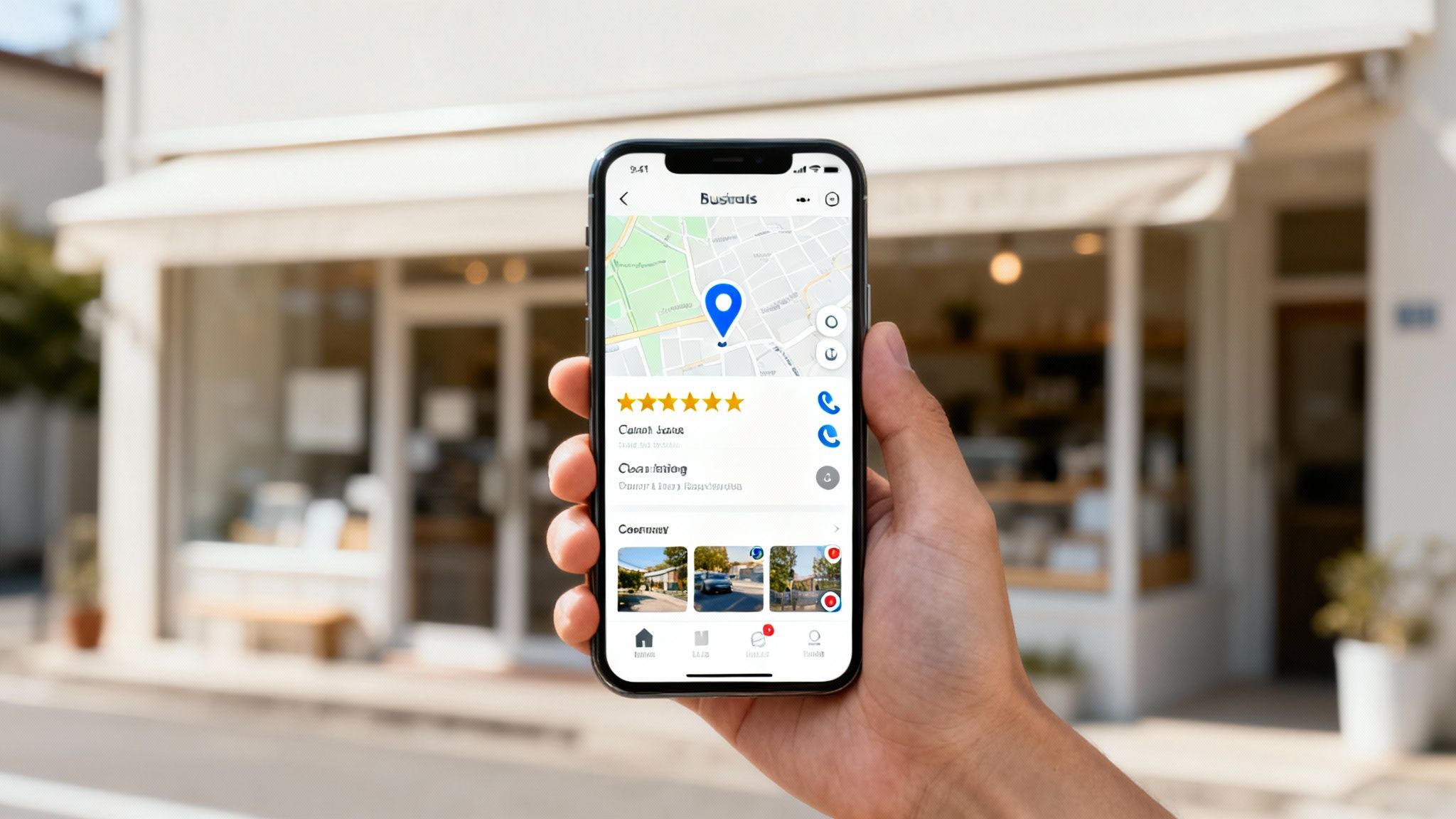 A person holds a smartphone displaying a local business listing with a map and 5-star rating.