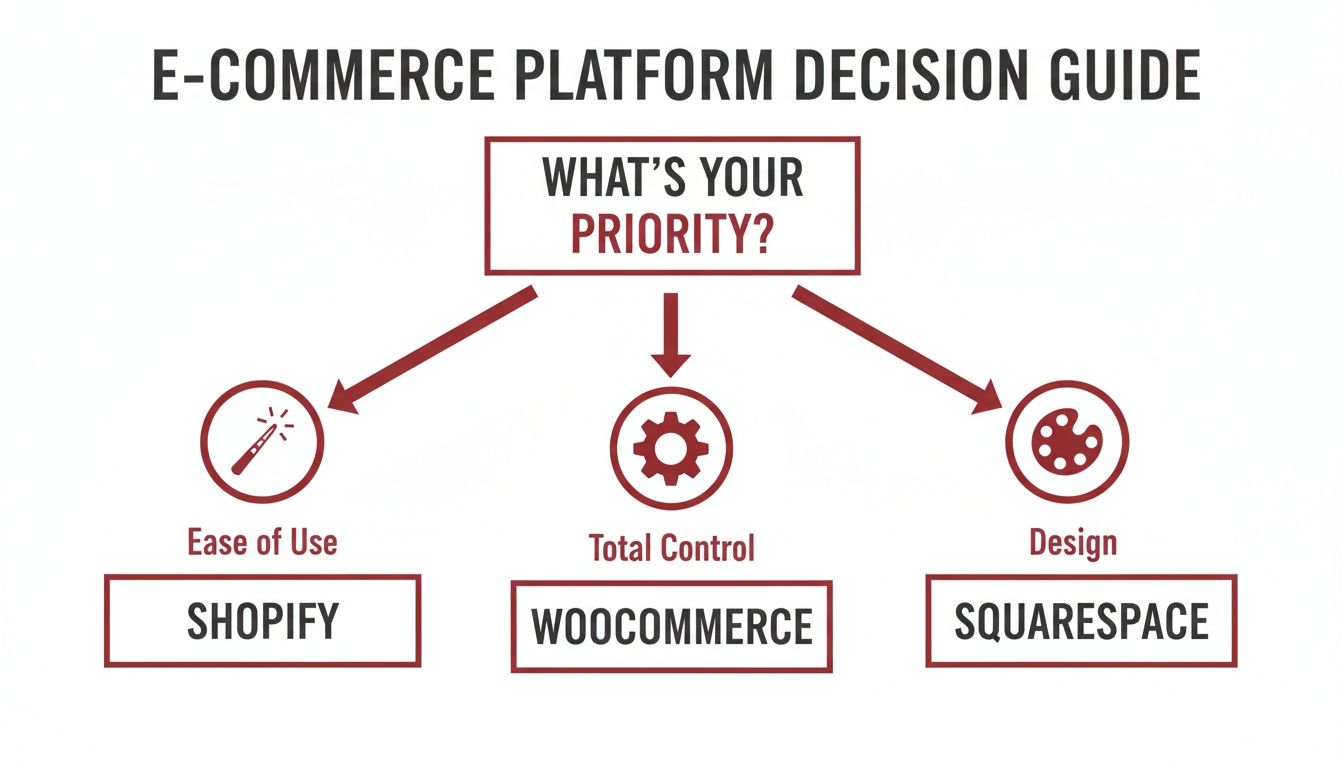 E-commerce platform decision guide helping users choose between Shopify, WooCommerce, and Squarespace based on priorities.