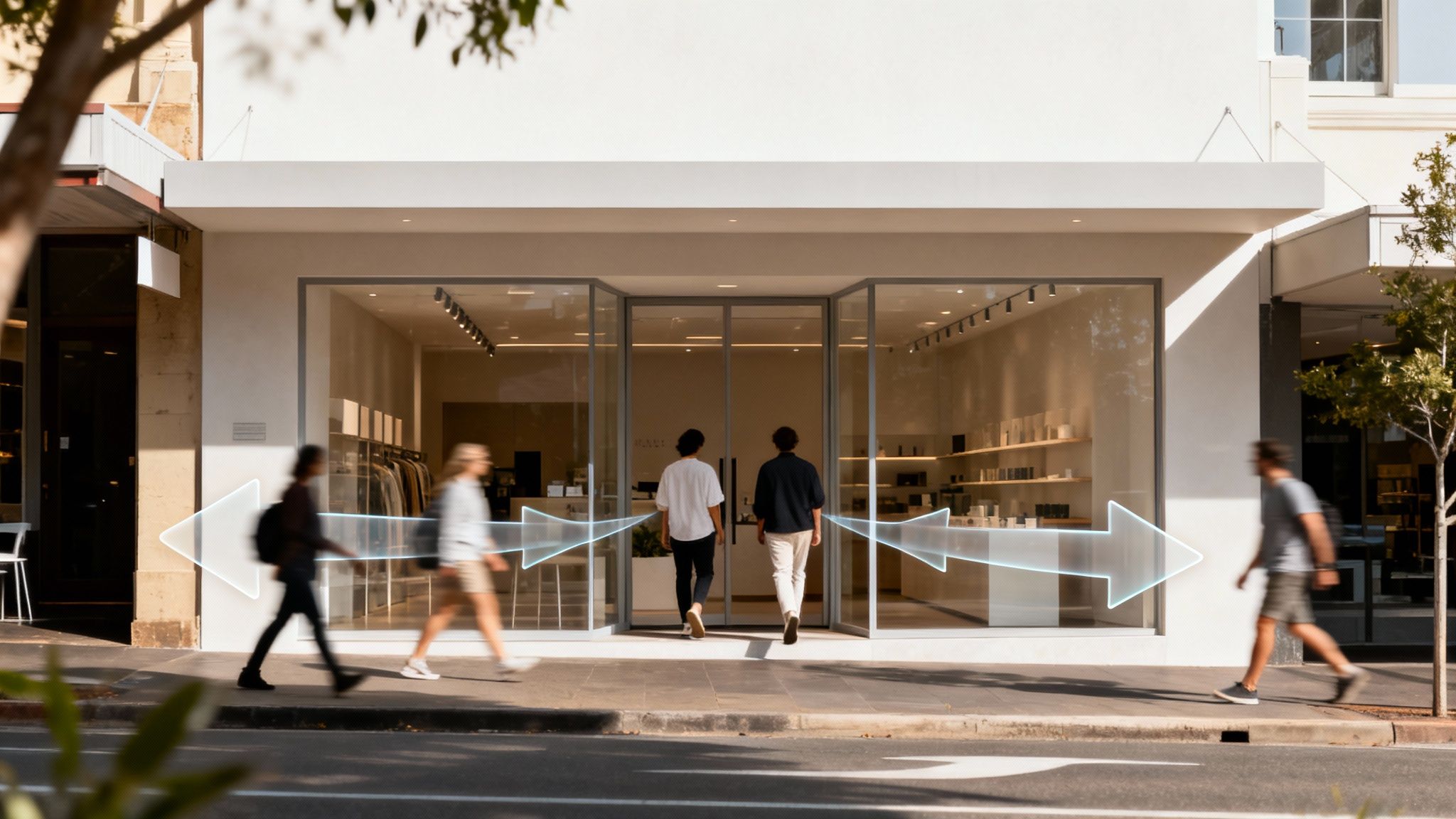 People walking past and entering a modern storefront with glowing arrows indicating customer traffic.
