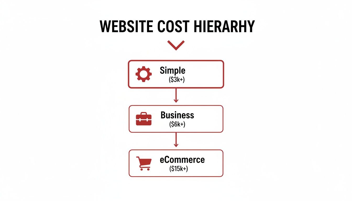 Diagram illustrating website cost hierarchy from simple to e-commerce, with corresponding price ranges.