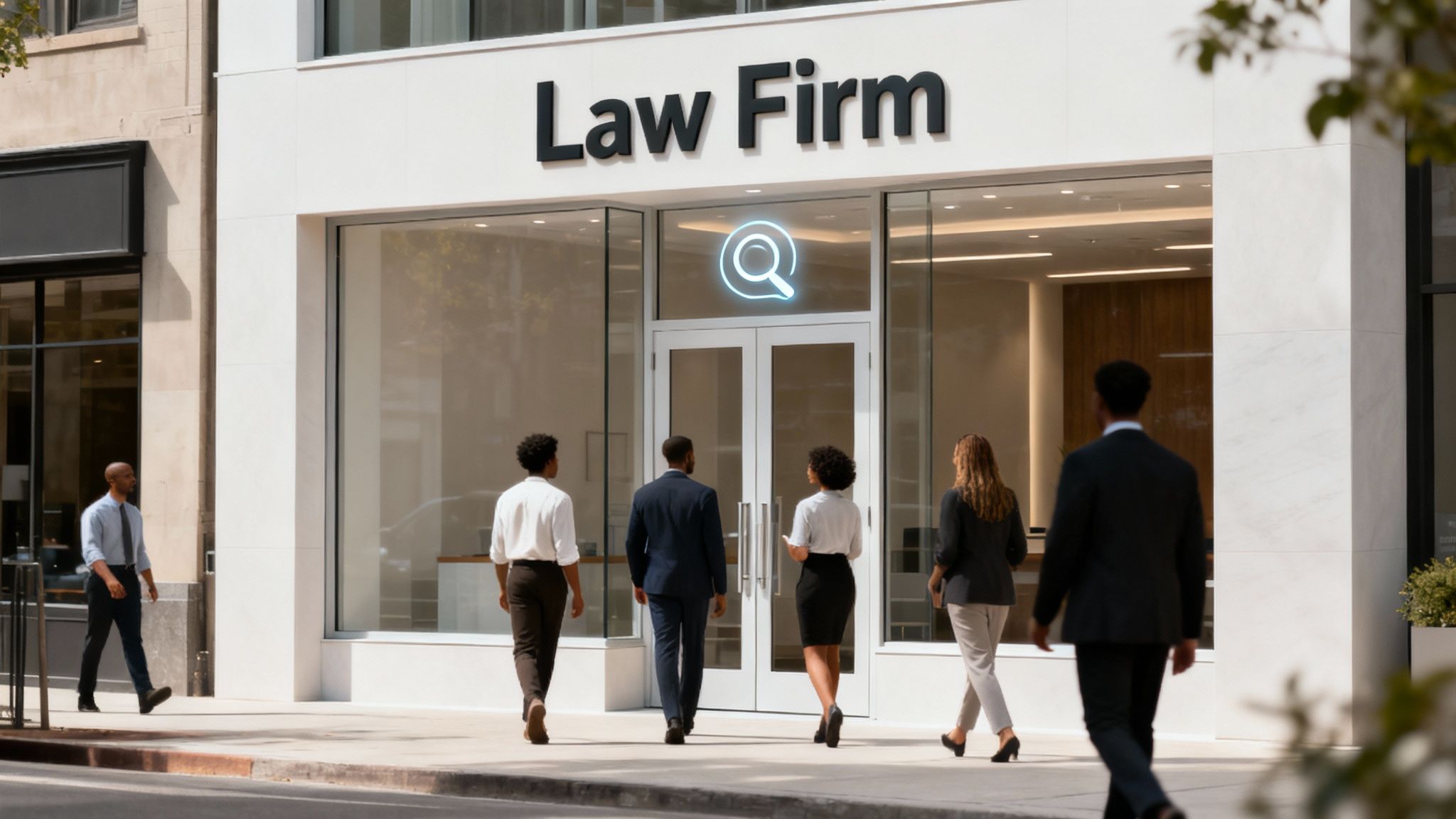 Diverse professionals approach a contemporary law firm building with a prominent sign and glowing logo.