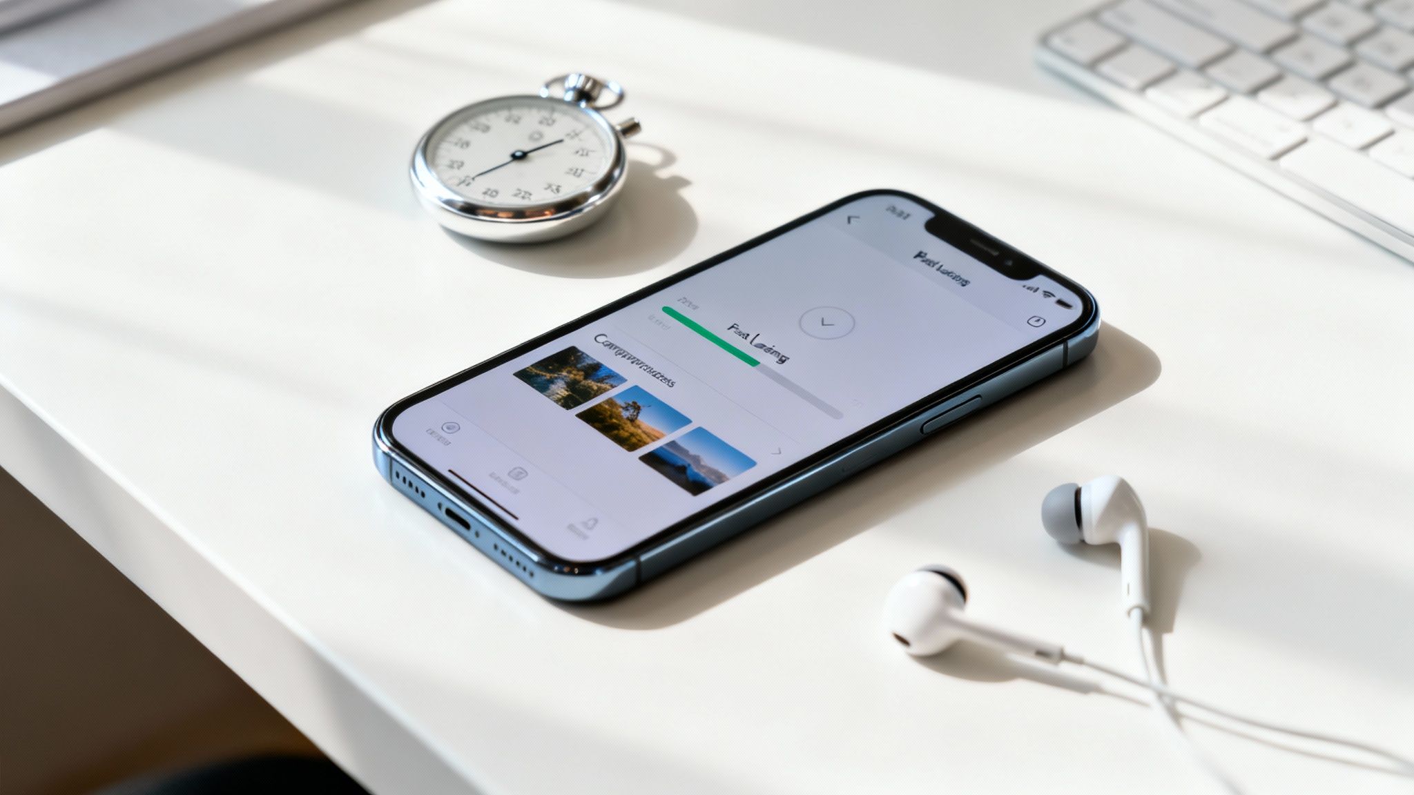 A blue smartphone displaying an app interface, a stopwatch, and wired earphones on a white desk.