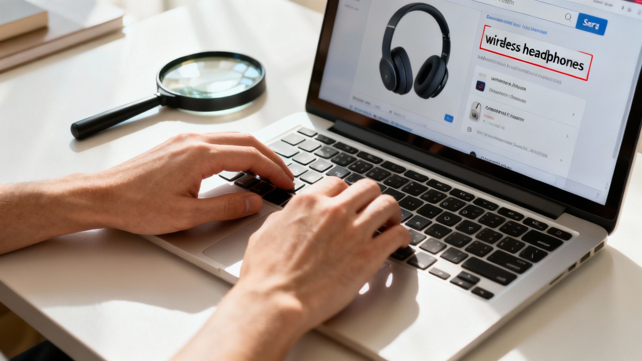 A magnifying glass hovering over a world map, symbolising searching and finding online.