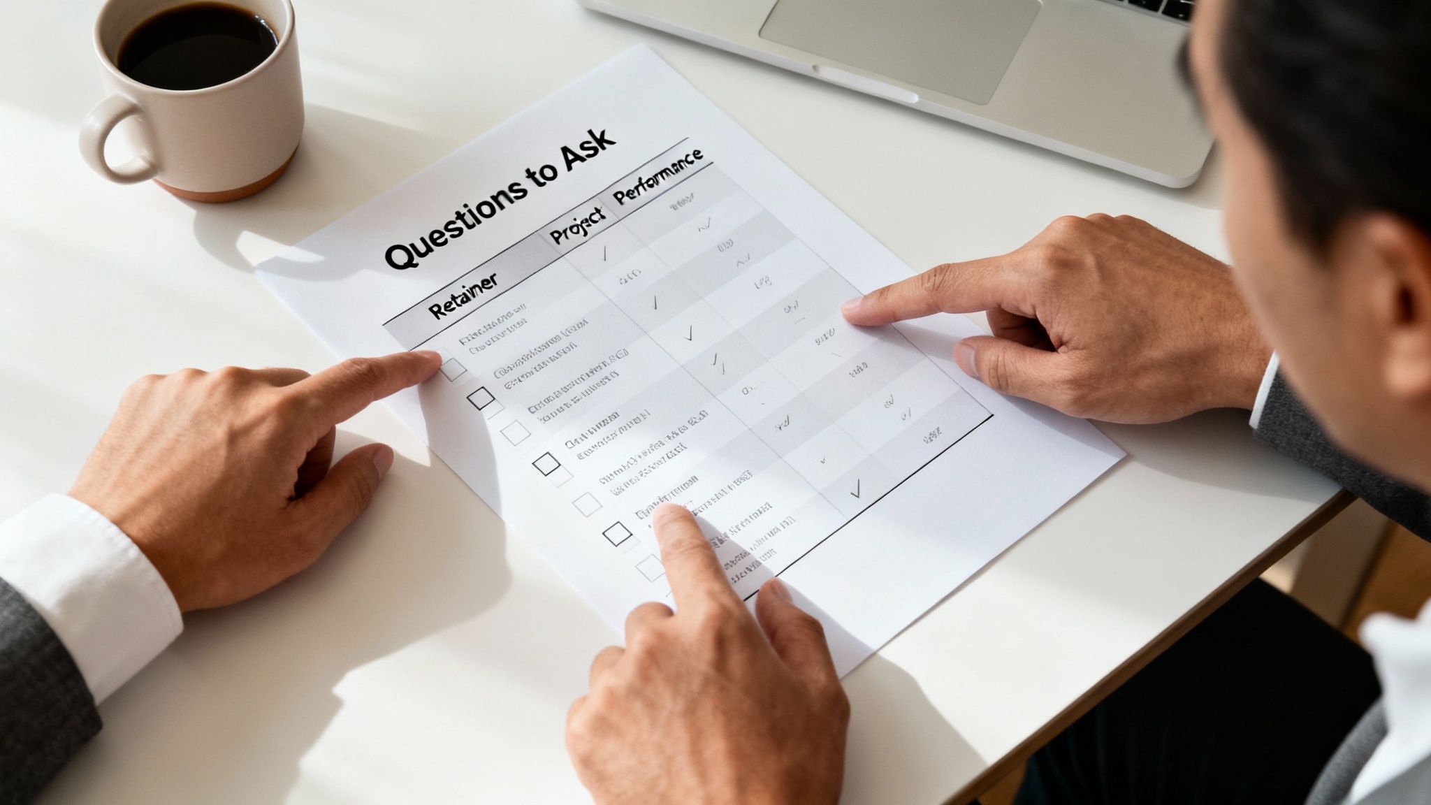 Hands pointing at a business document titled 'Questions to Ask' for project performance review.