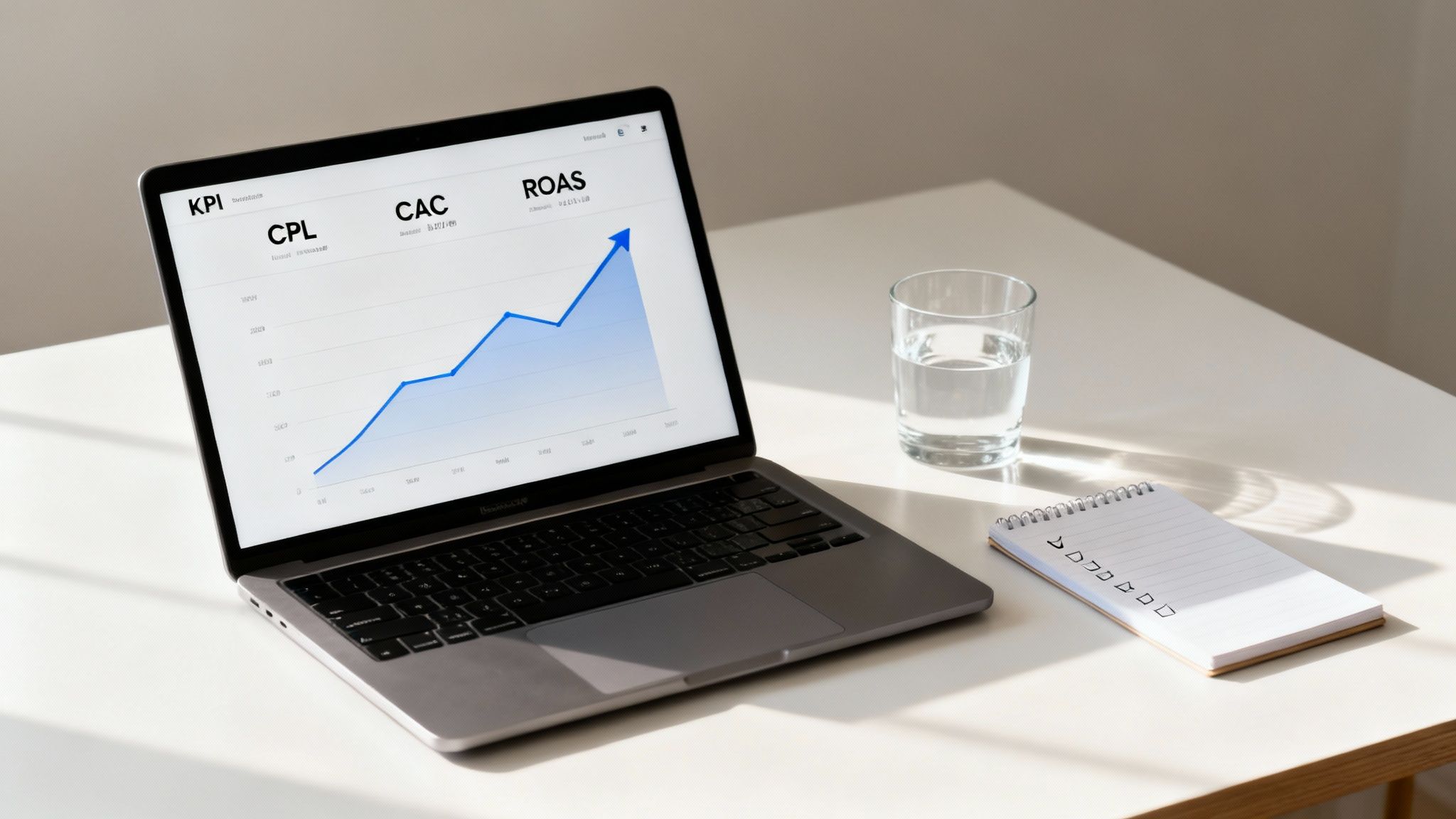 A laptop displays marketing KPIs like CPL, CAC, and ROAS with an upward trending graph on a desk.