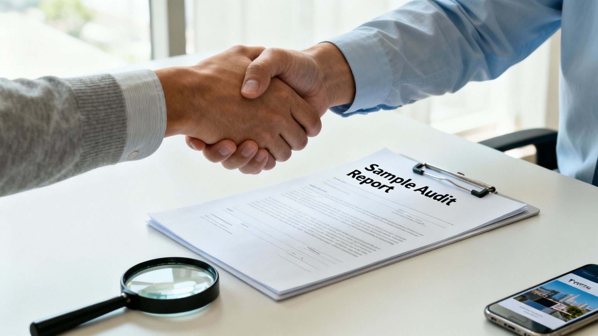 Two business people shake hands over a desk with a sample audit report, magnifying glass, and phone.
