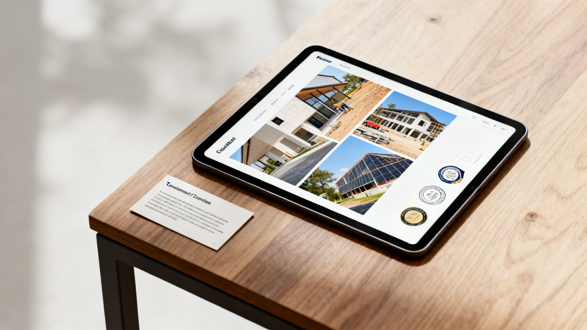 A tablet showcasing various construction projects, including modern houses and solar panel installations, on a wooden desk.
