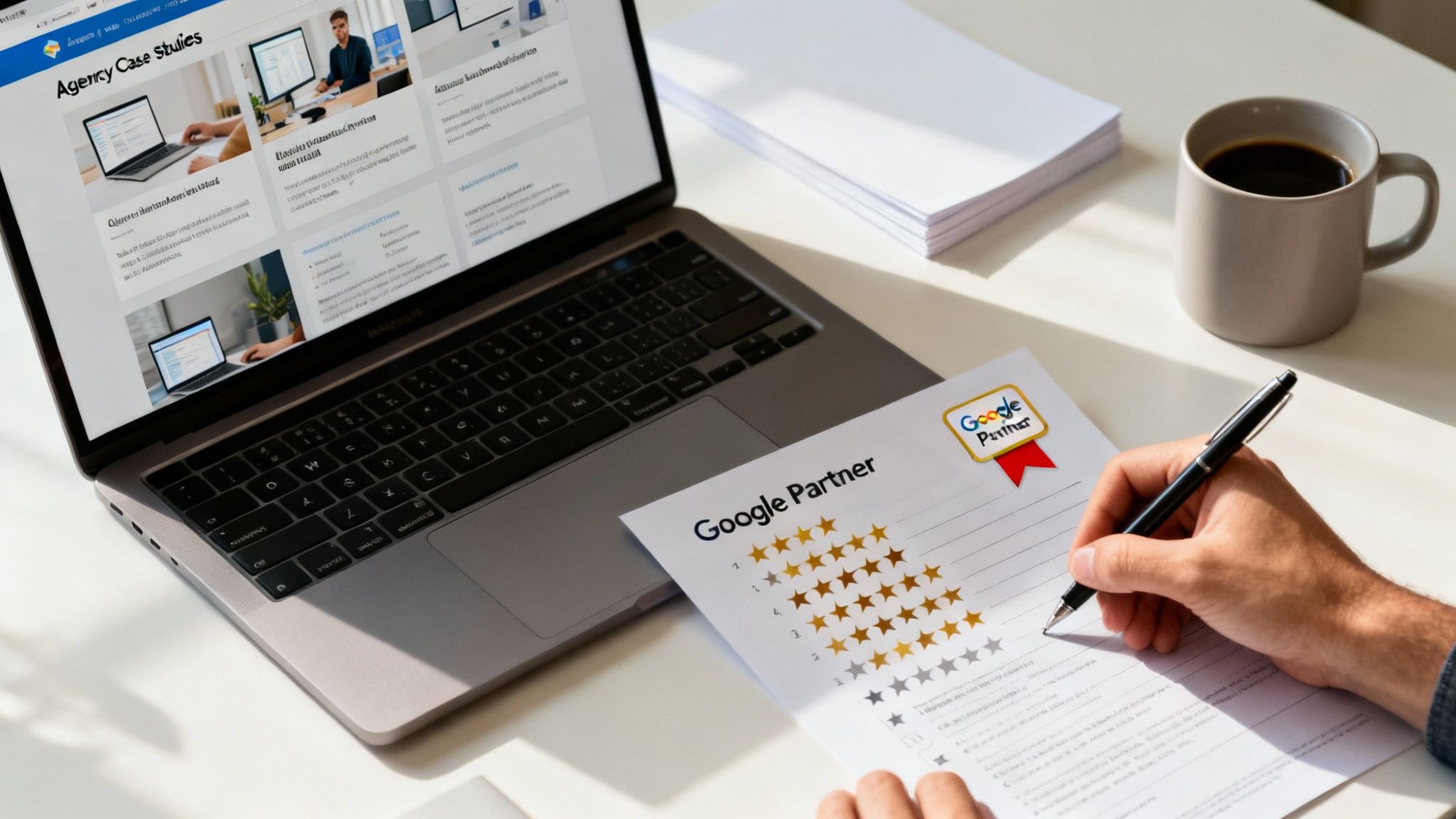 A person's hand writing on a 'Google Partner' document with star ratings next to a laptop showing 'Agency Case Studies'.