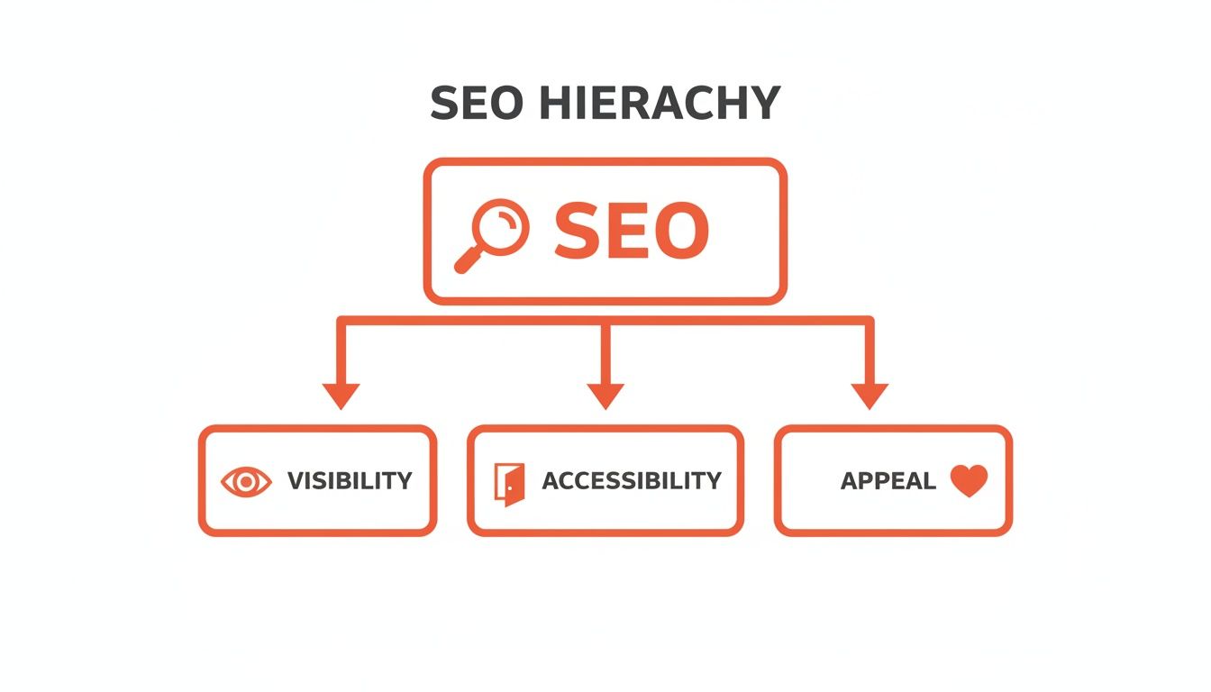 A clear diagram illustrating the SEO hierarchy, with SEO at the top, branching into visibility, accessibility, and appeal.
