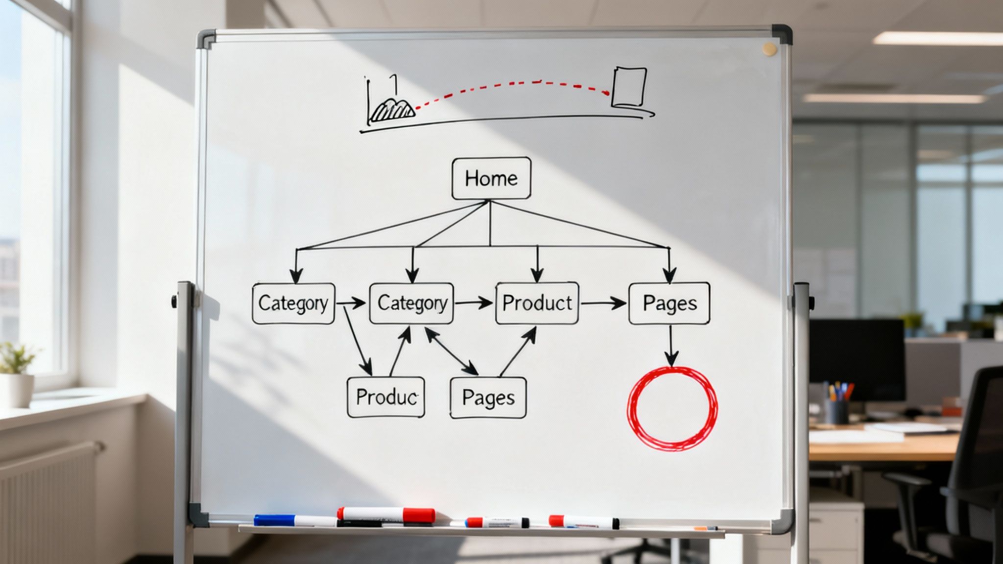 Whiteboard displaying a hand-drawn website sitemap or flowchart, ideal for technical SEO auditing.