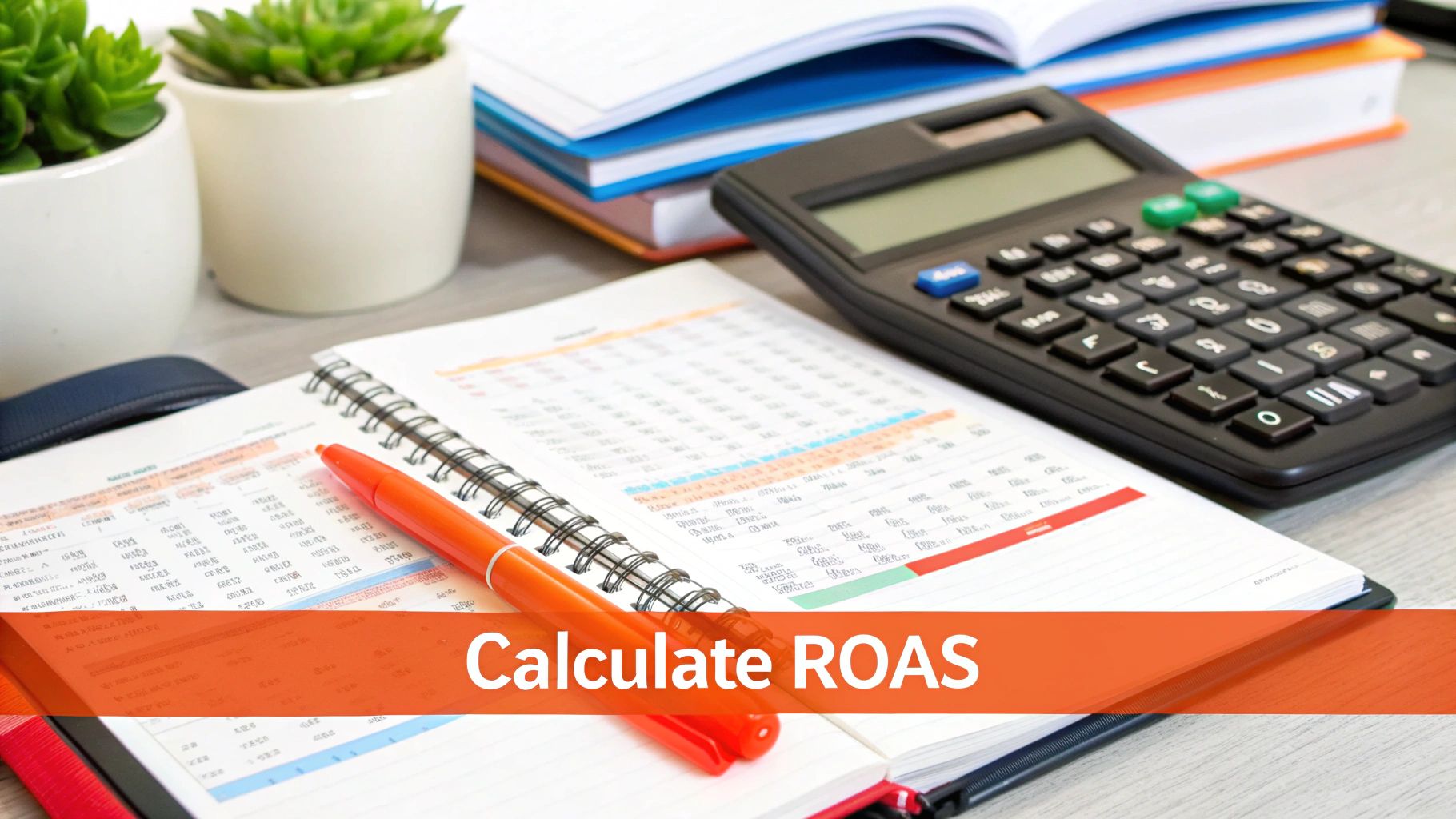 An analyst pointing at a screen showing financial data and charts, illustrating the ROAS calculation process.