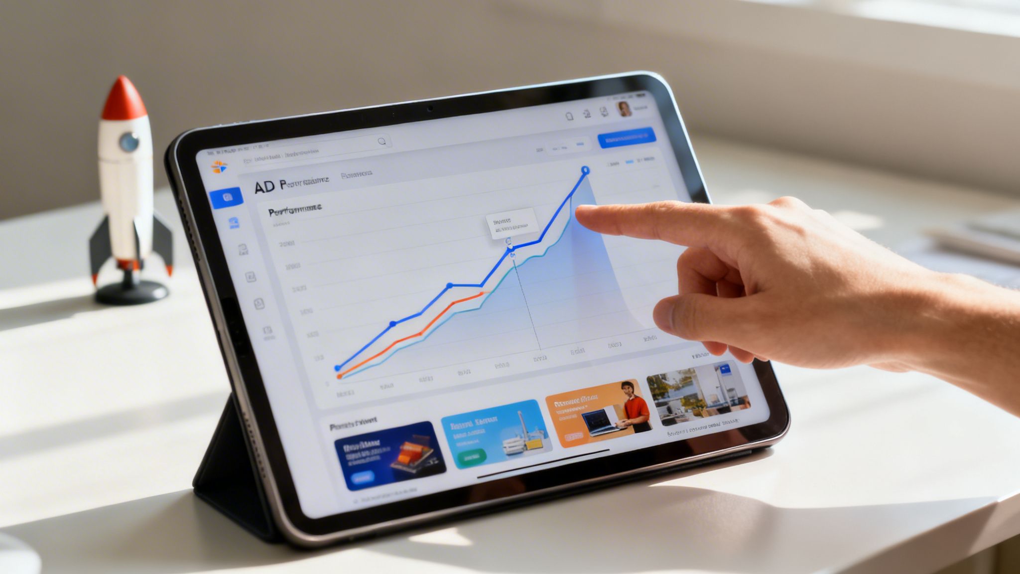 Hand touching a tablet screen displaying an upward trending line graph and performance data.