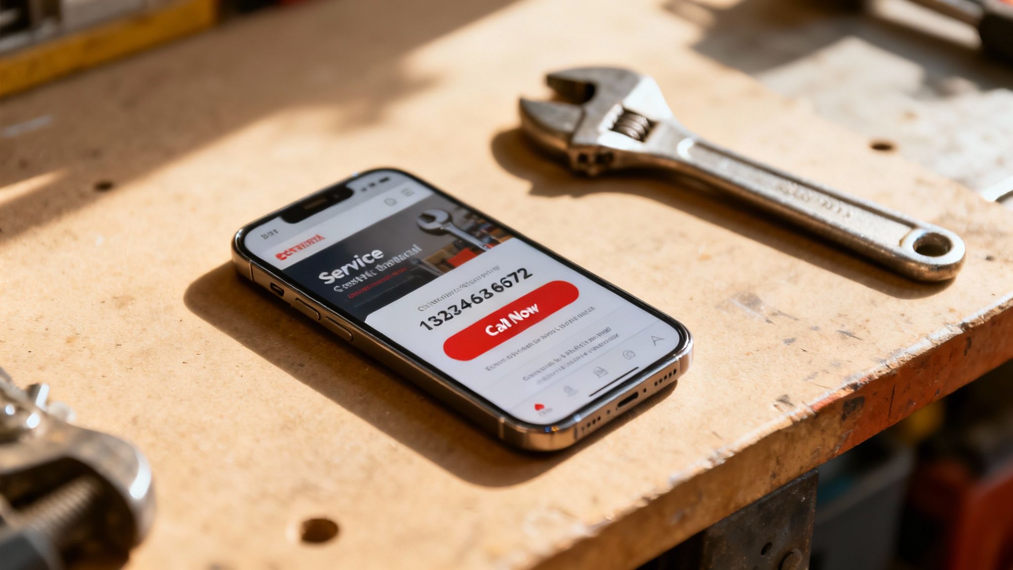 A smartphone displaying a service app with a phone number and a wrench on a wooden workbench.