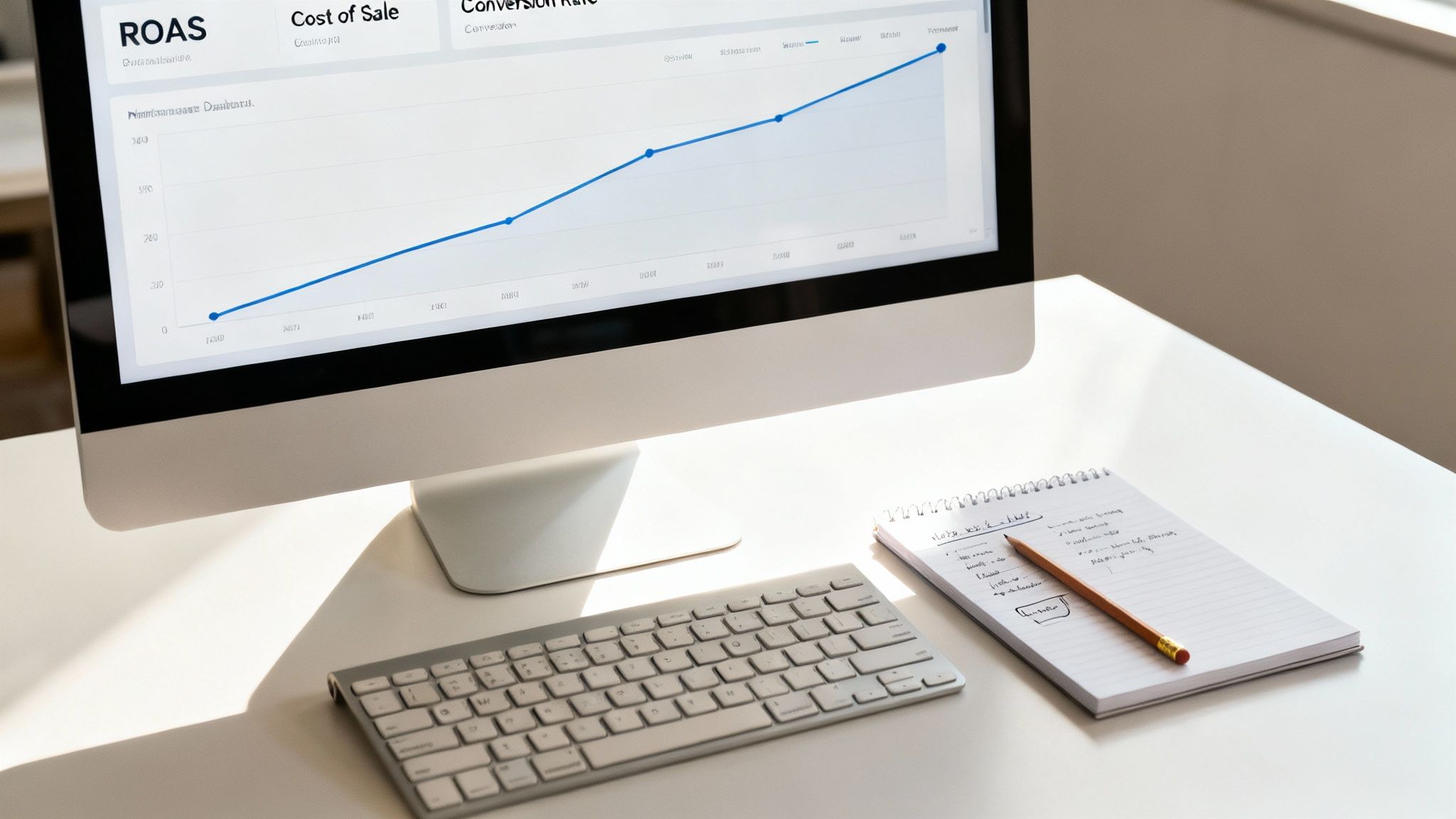 Data graphs on a laptop screen representing KPIs for a Google Shopping agency