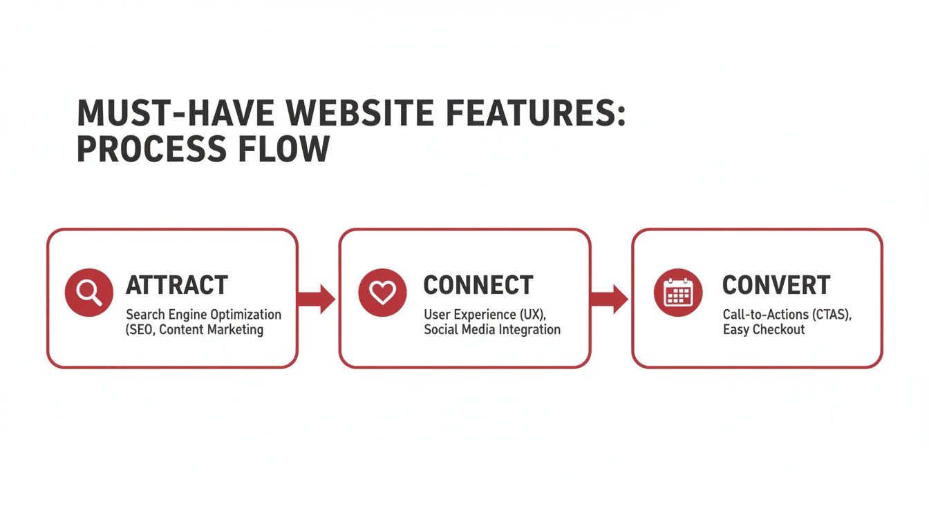 Flowchart illustrating must-have website features across attract, connect, and convert stages.