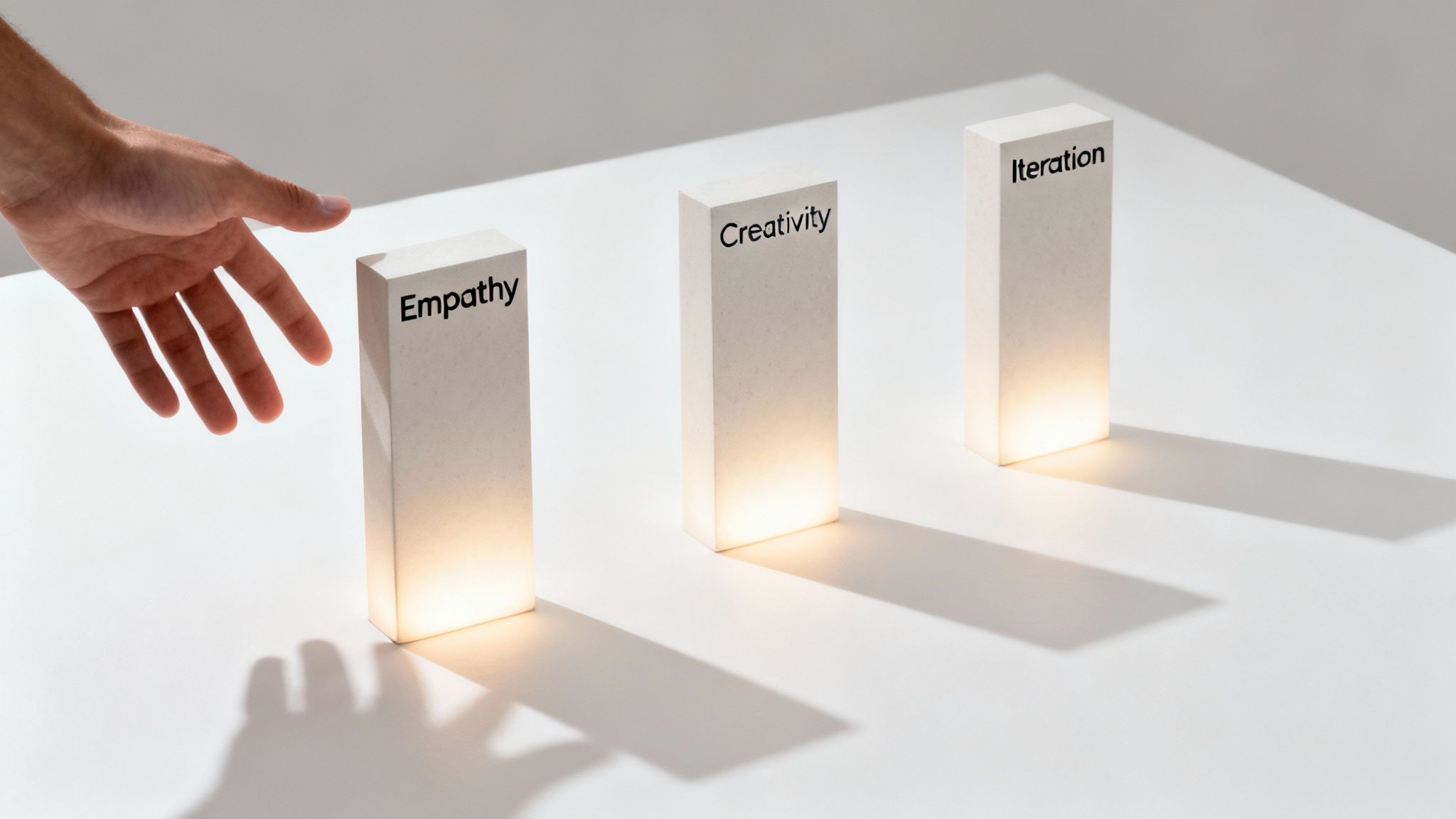 A hand reaching for three illuminated blocks labeled 'Empathy', 'Creativity', and 'Iteration' on a white surface.