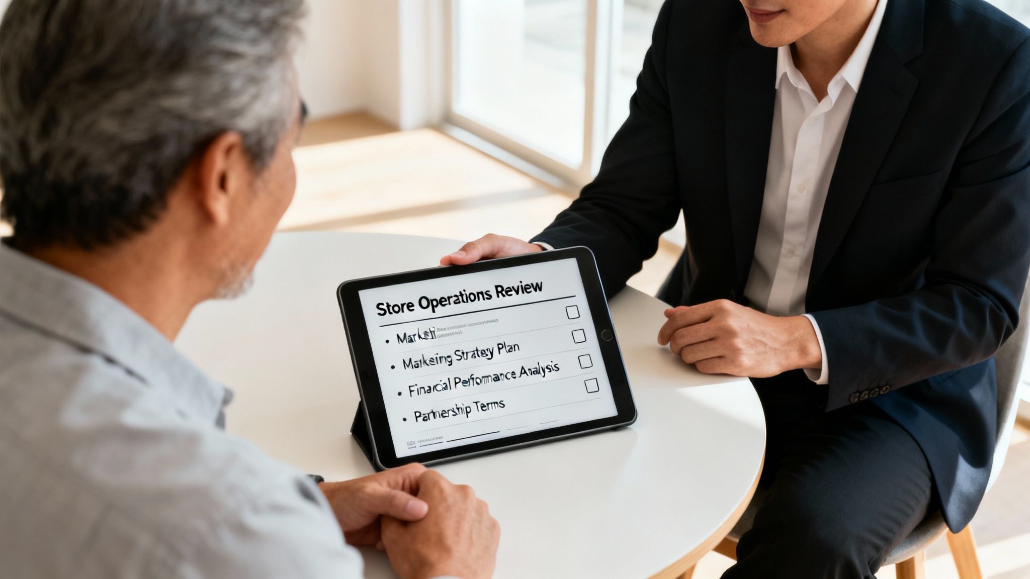 A businessman in a suit shows a tablet with a 'Store Operations Review' to another man.