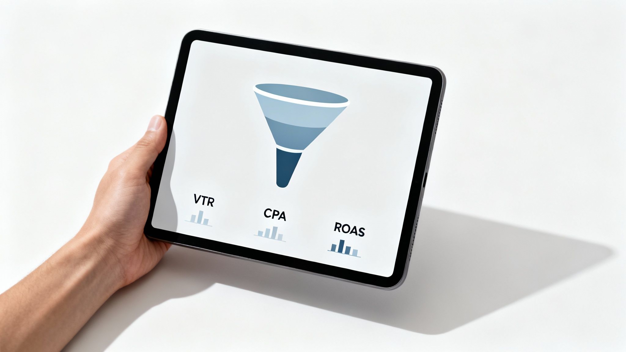 Hand holding tablet displaying marketing funnel with VTR, CPA, and ROAS metrics for advertising campaigns