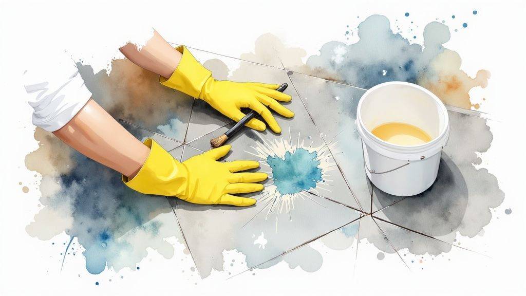 Someone in blue rubber gloves scrubbing mould from bathroom tiles with a brush.