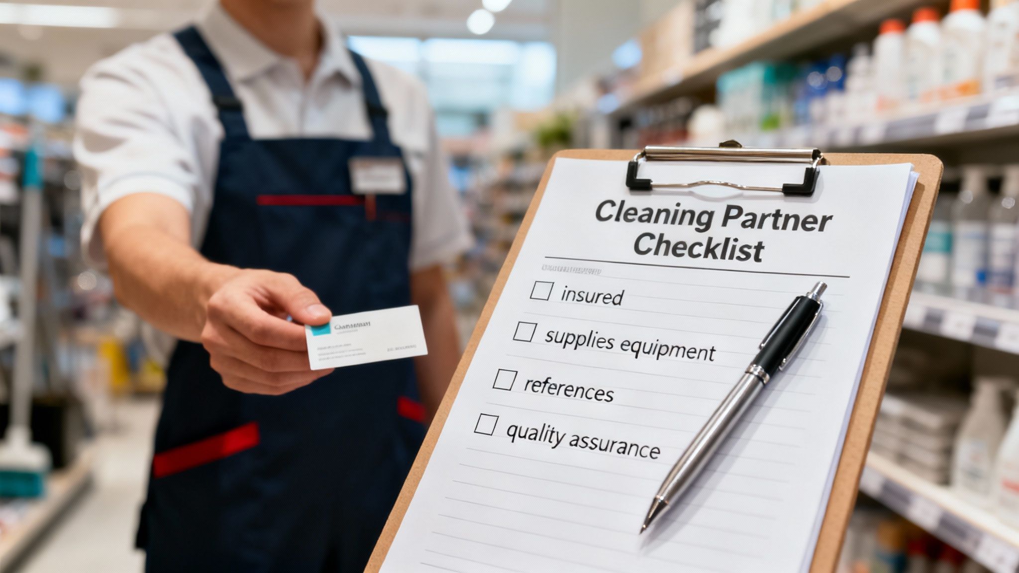 A person in uniform carefully cleaning the glass door of a modern retail store.