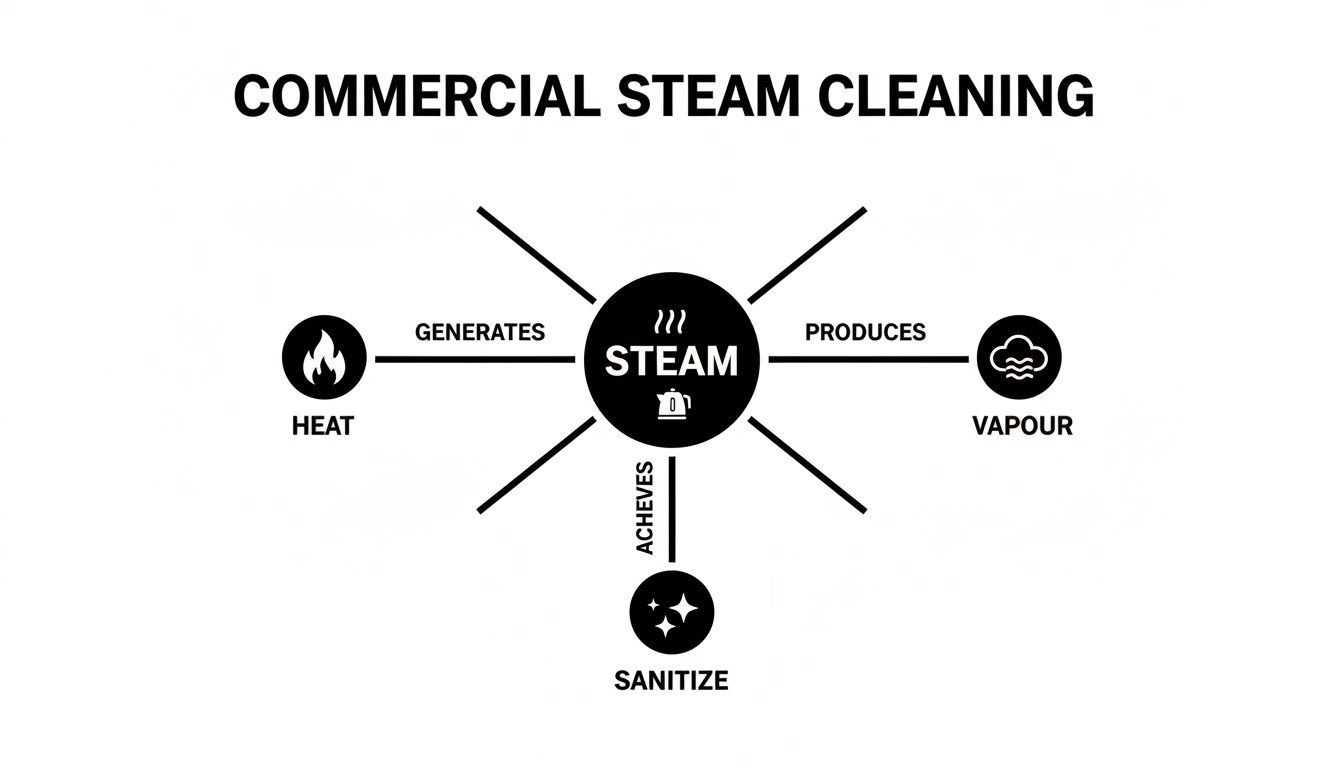 A black and white diagram illustrates commercial steam cleaning, showing steam generates heat, produces vapor, and achieves sanitization.