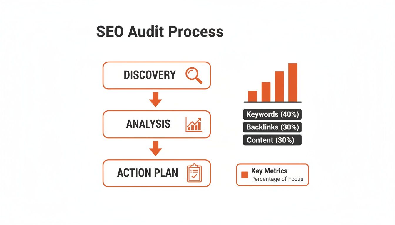 An infographic detailing the SEO audit process from discovery to action plan, including key metrics like keywords, backlinks, and content.