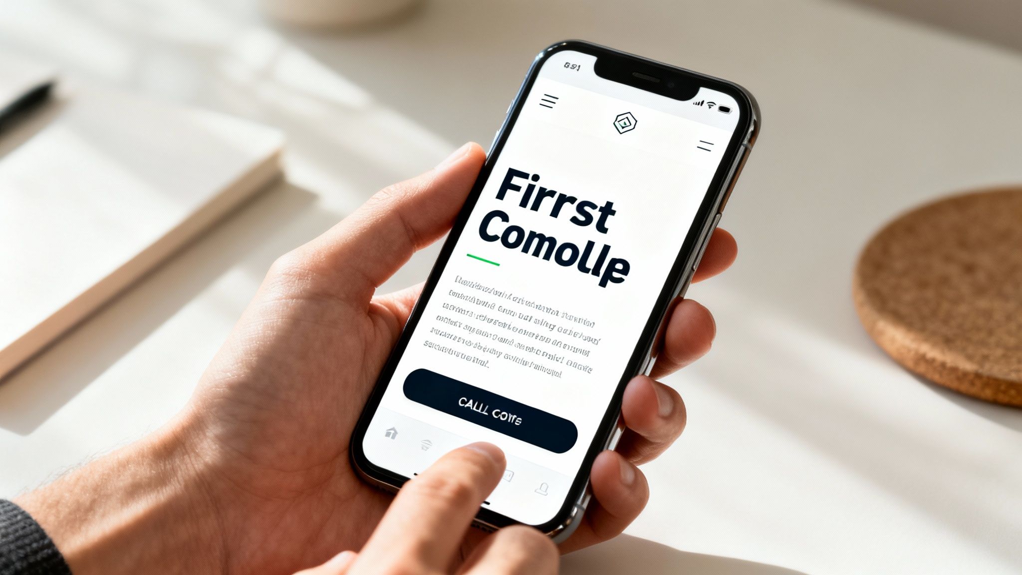 Close-up of a hand holding a smartphone displaying a digital interface with text and a button.