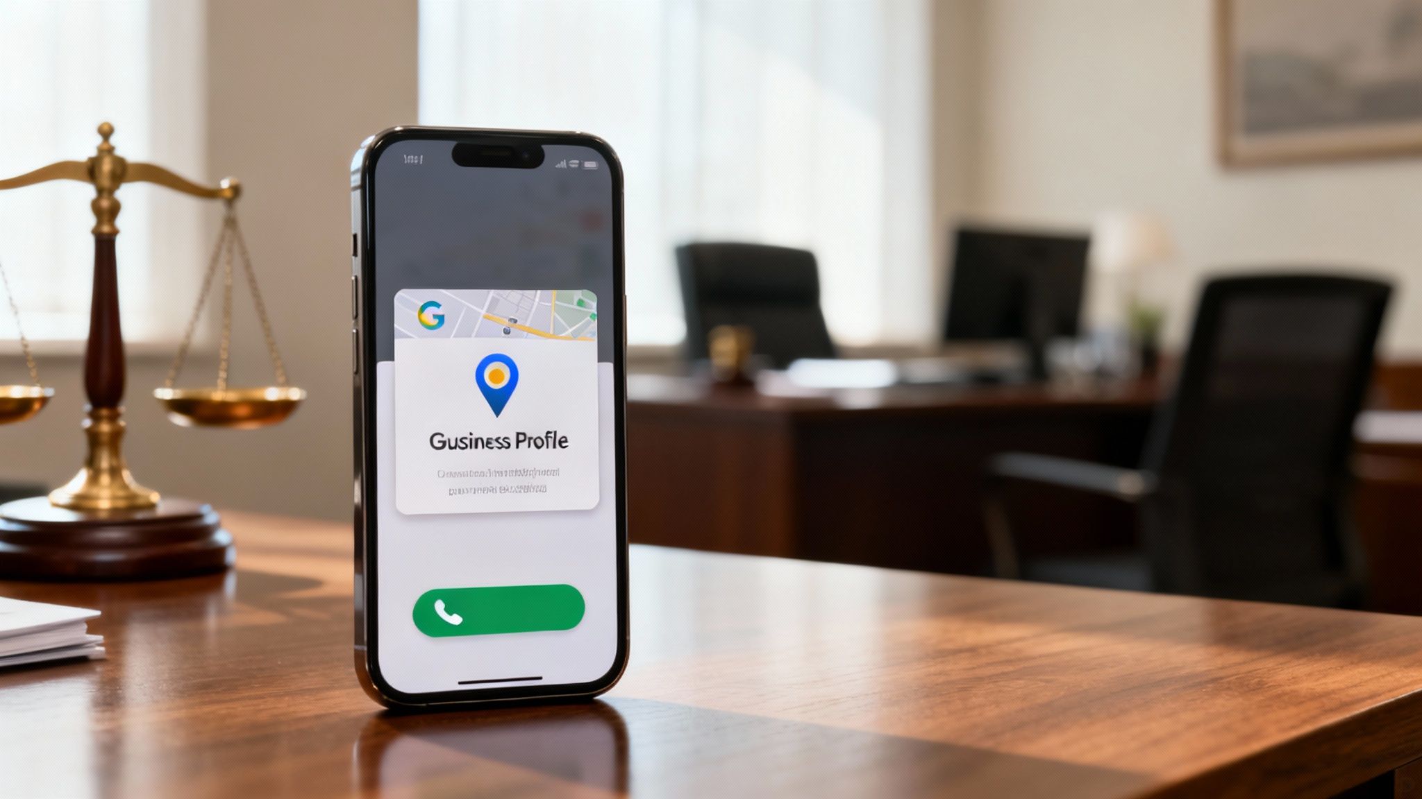 A smartphone displaying a Google Business Profile on a wooden desk, with a scale of justice in a law office background.
