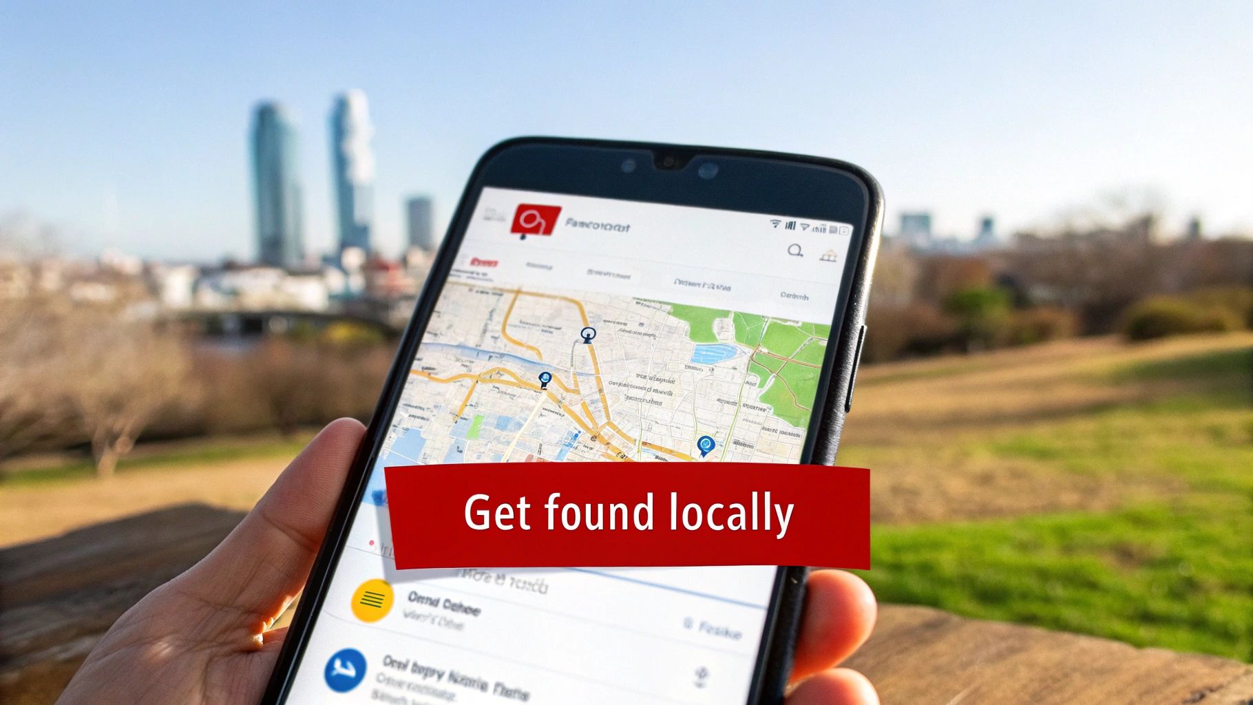 A person using a smartphone to search for local Brisbane businesses on a map.