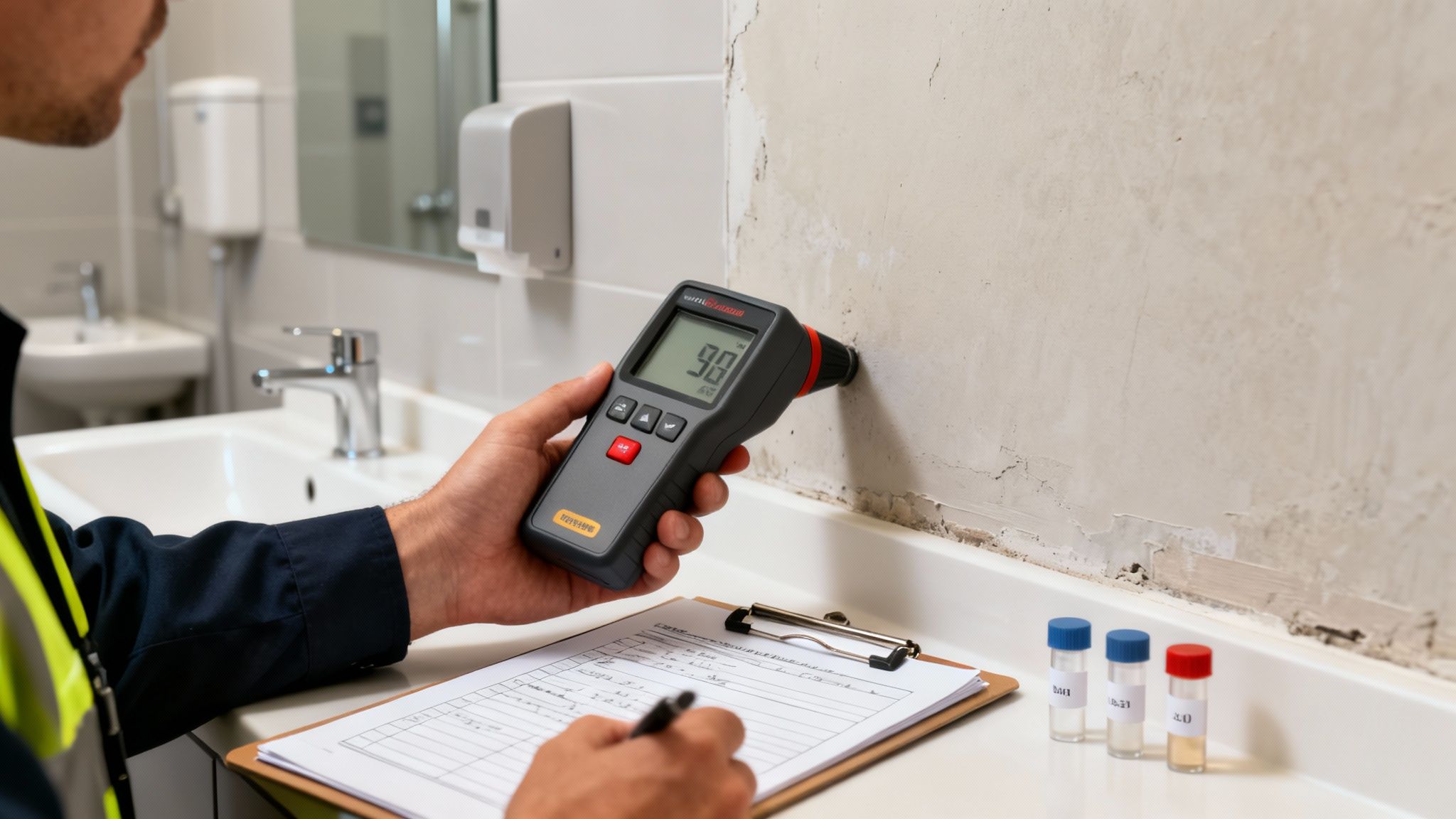 Worker in a bathroom uses a digital moisture meter on a damaged wall, taking notes.