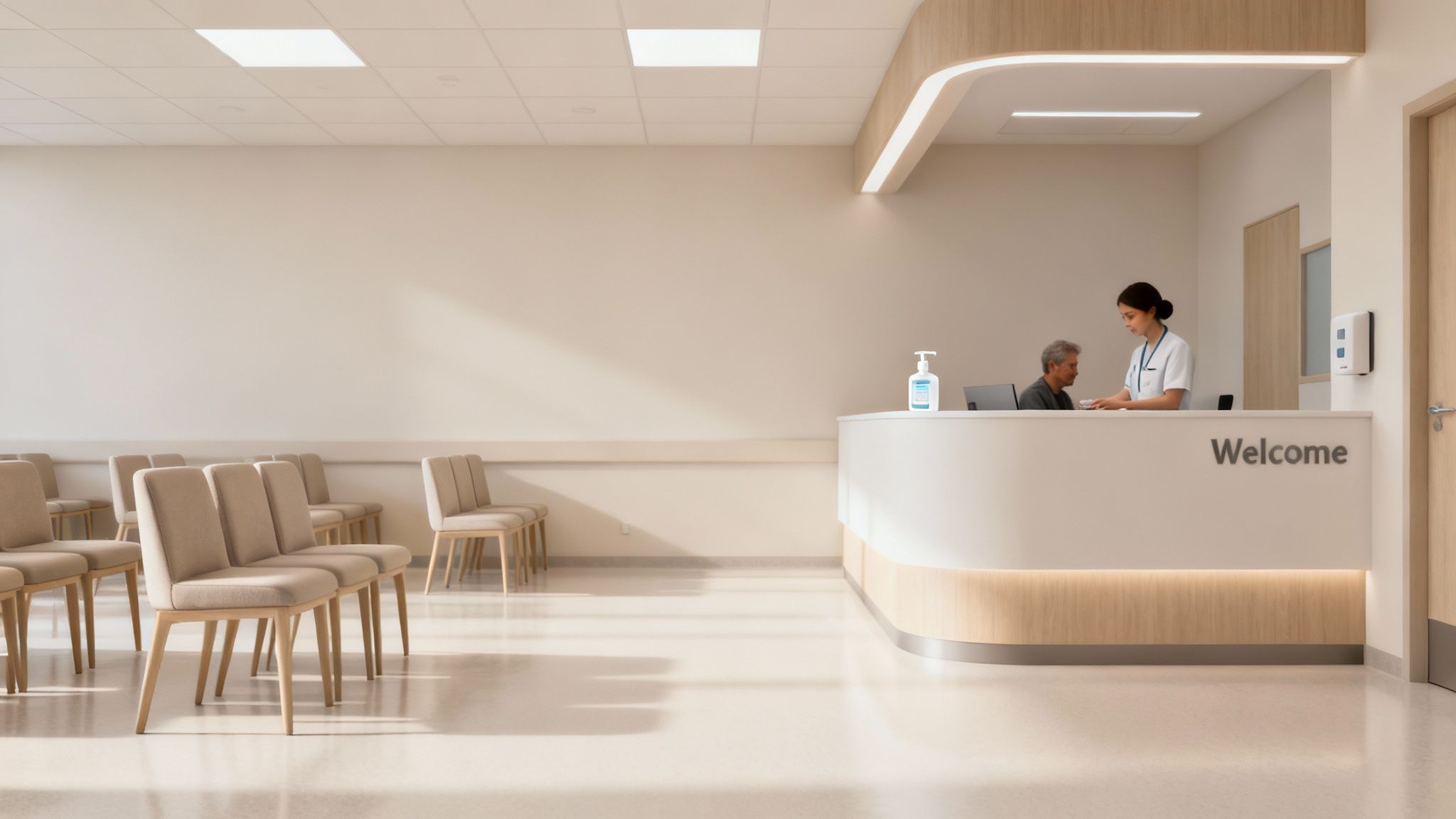 A clean, modern medical center reception with a nurse assisting a patient and a waiting area.
