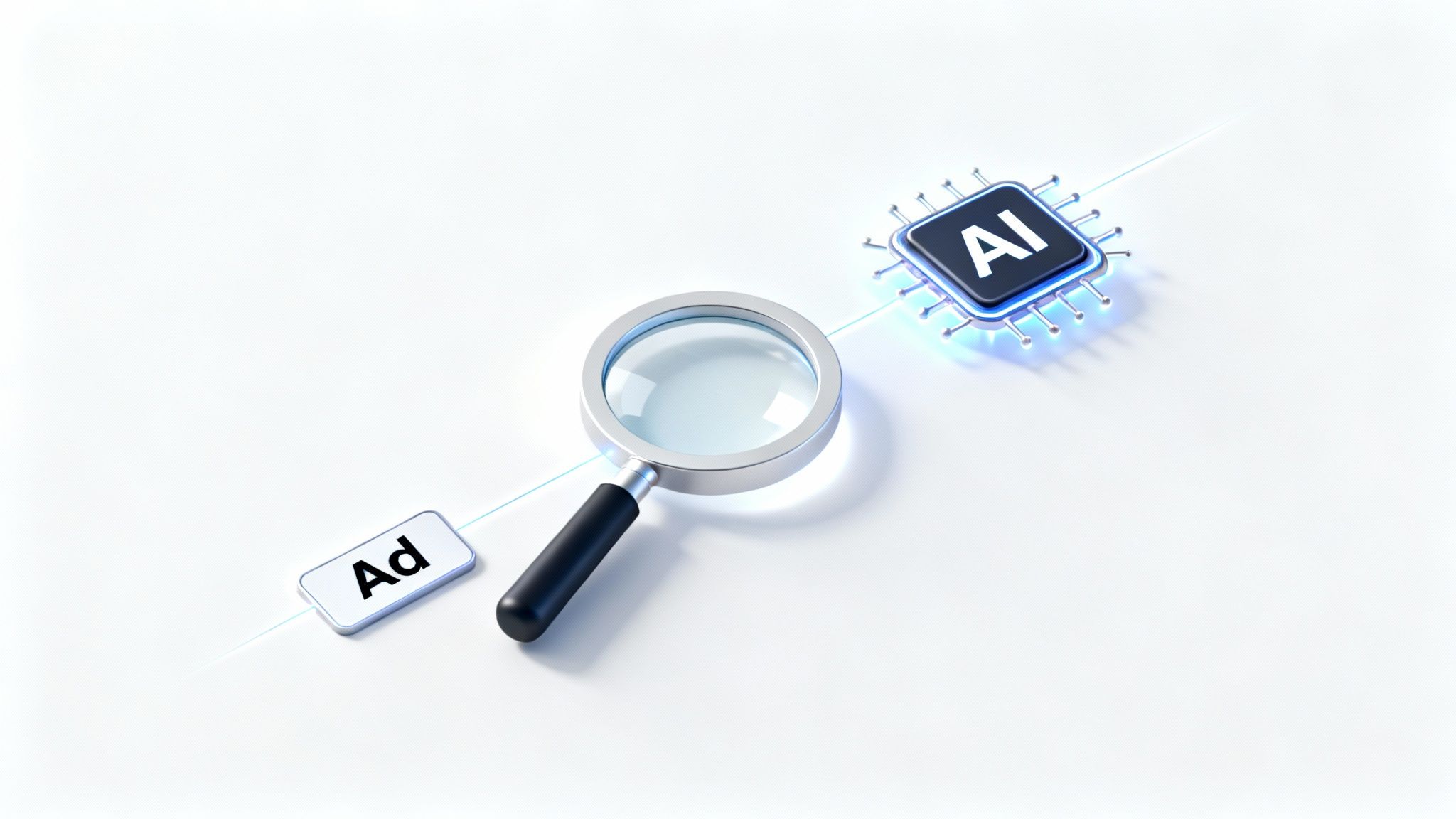 AI chip and magnifying glass focusing on an 'Ad' tag, symbolizing AI-powered ad optimization.