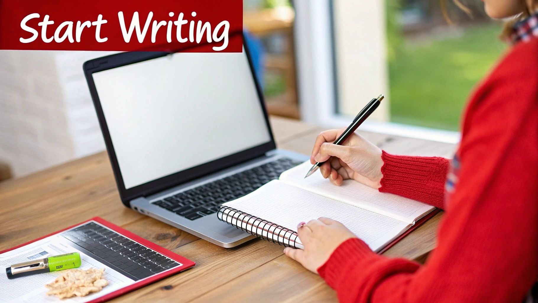 Person sitting at a desk, looking thoughtful while trying to write.