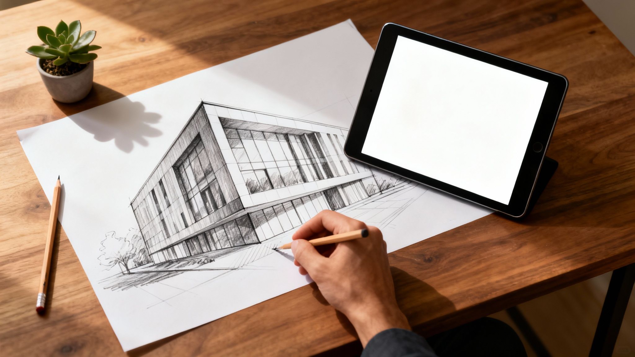 Overhead view of an architect's desk with a hand sketching building plans, a tablet, and a succulent.