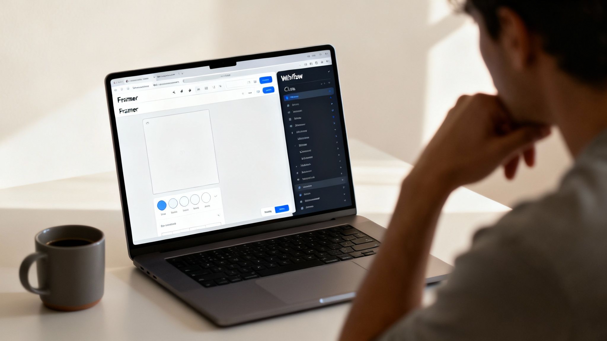 A split image showing the Framer logo on one side and the Webflow logo on the other, representing the choice between the two platforms.
