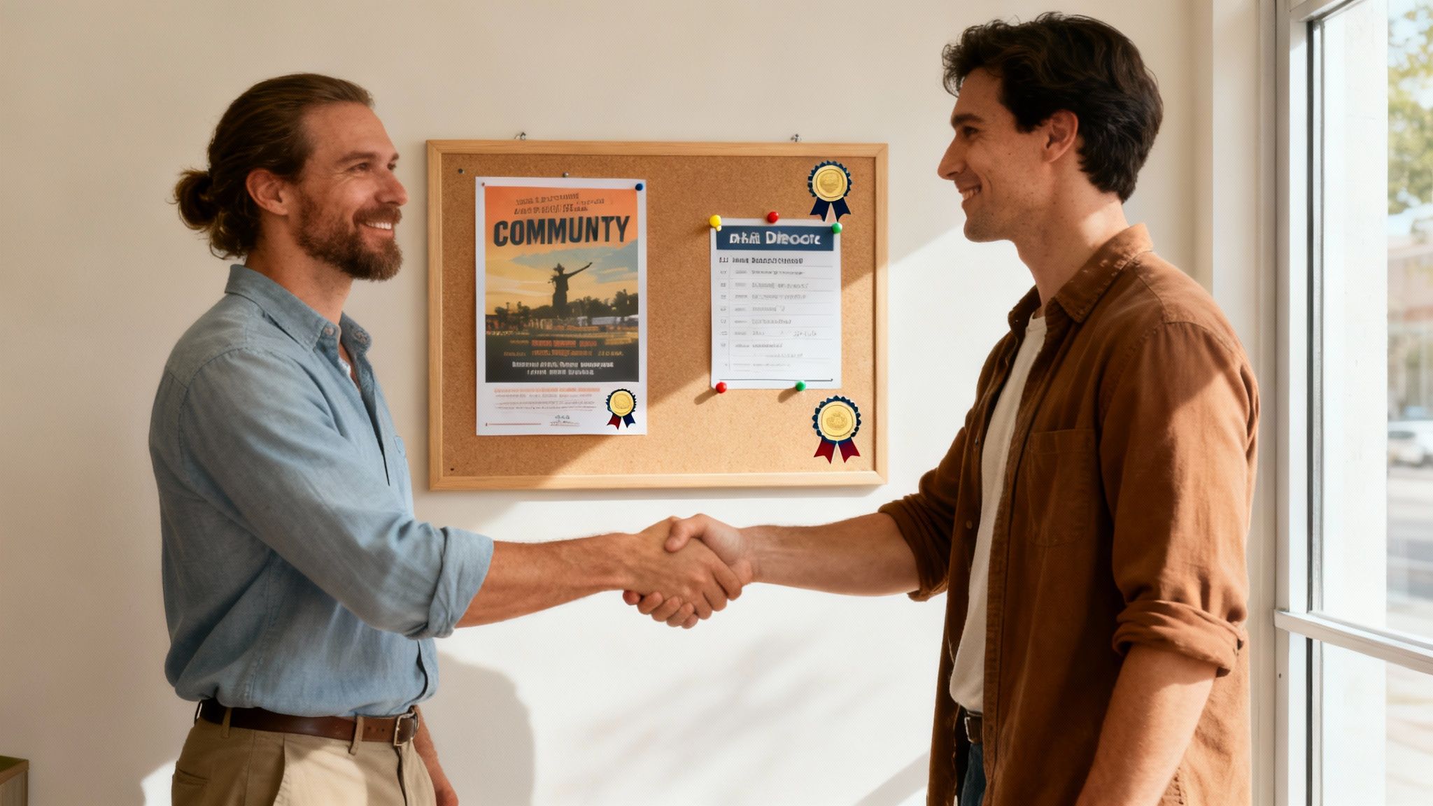 Two professional businessmen shaking hands in office with community awards displayed on bulletin board